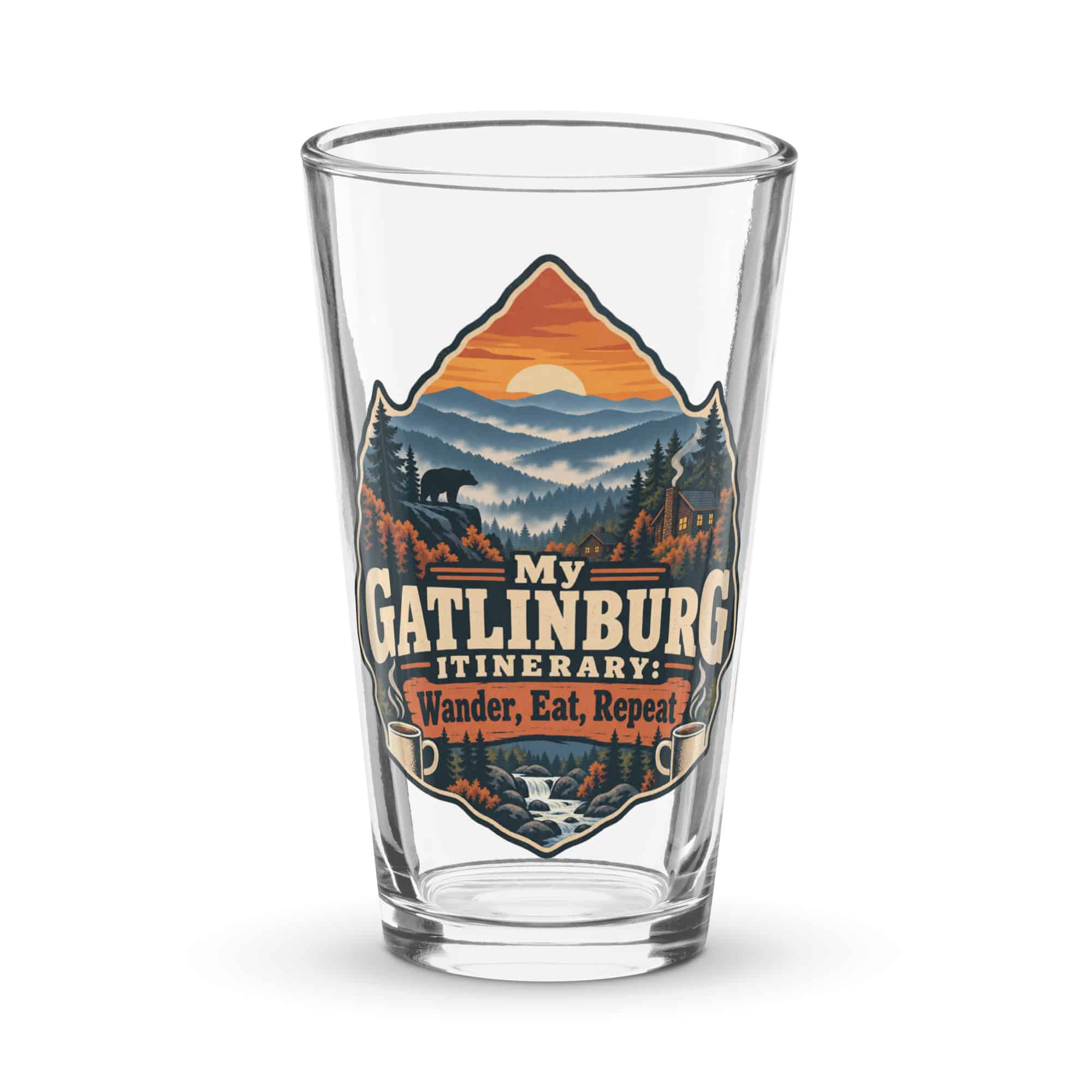 Gatlinburg and the Smokies Pint Glass: My Gatlinburg Itinerary: Wander, Eat, Repeat, Scenic Shield Badge