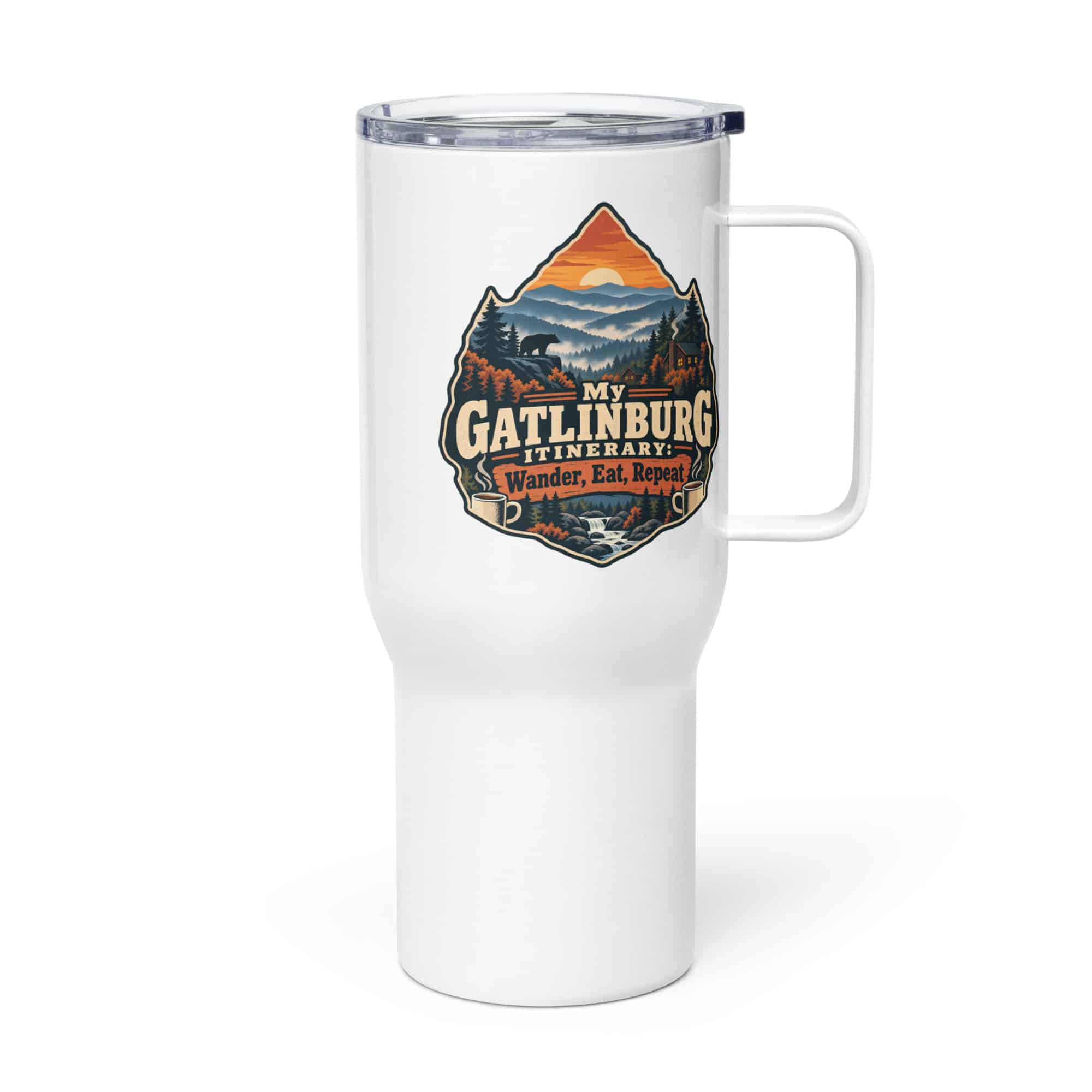 Gatlinburg and the Smokies Travel Mug: My Gatlinburg Itinerary: Wander, Eat, Repeat, Scenic Shield Badge