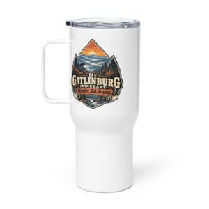 Gatlinburg and the Smokies Travel Mug: My Gatlinburg Itinerary: Wander, Eat, Repeat, Scenic Shield Badge - 25 oz - Main