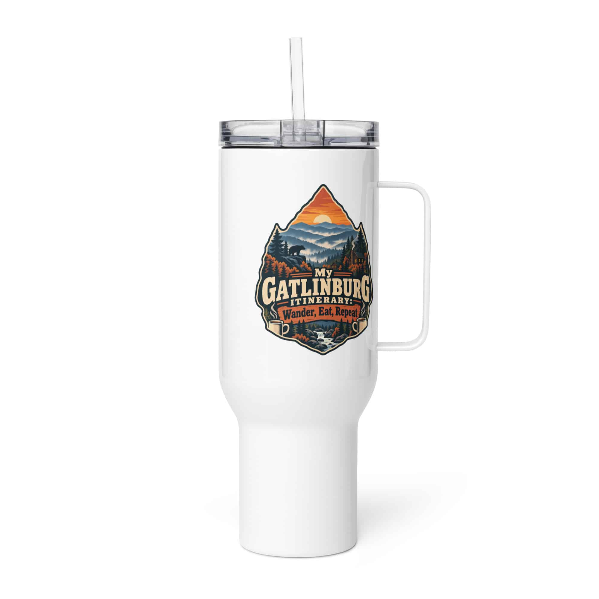 Gatlinburg and the Smokies Travel Mug: My Gatlinburg Itinerary: Wander, Eat, Repeat, Scenic Shield Badge