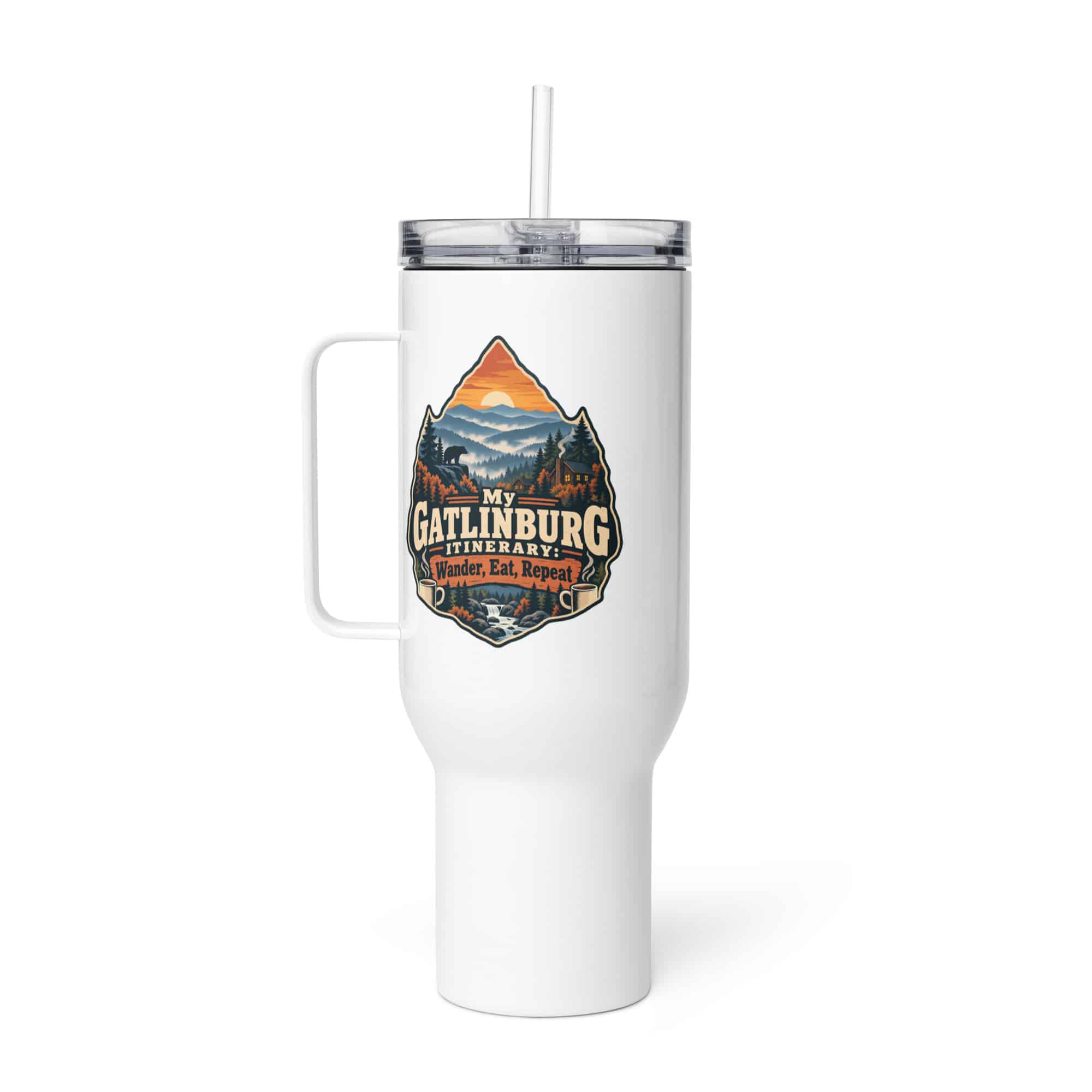 Gatlinburg and the Smokies Travel Mug: My Gatlinburg Itinerary: Wander, Eat, Repeat, Scenic Shield Badge