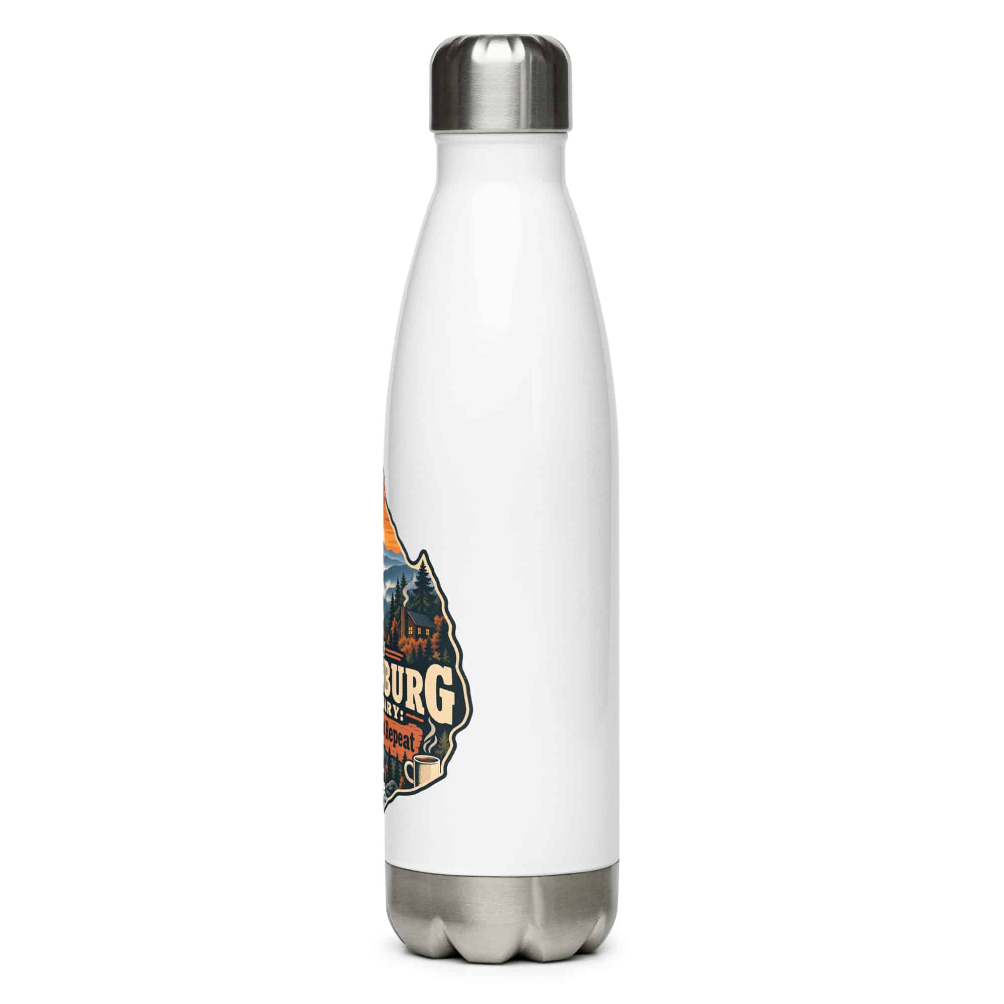 Gatlinburg and the Smokies Stainless Steel Water Bottle: My Gatlinburg Itinerary: Wander, Eat, Repeat, Scenic Shield Badge