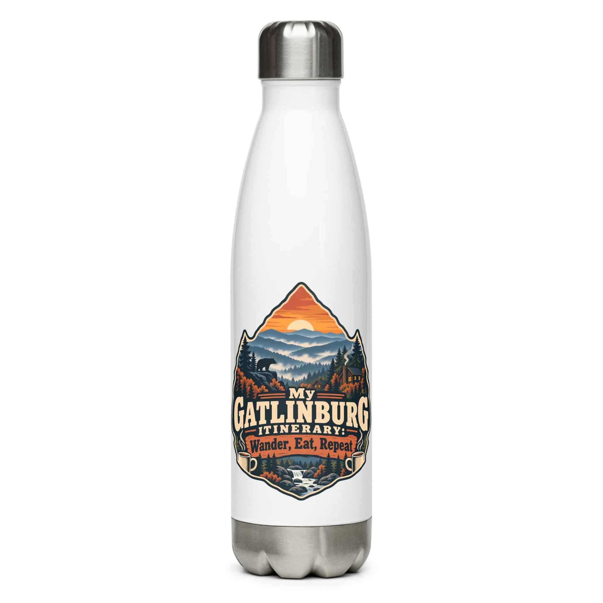 Gatlinburg and the Smokies Stainless Steel Water Bottle: My Gatlinburg Itinerary: Wander, Eat, Repeat, Scenic Shield Badge