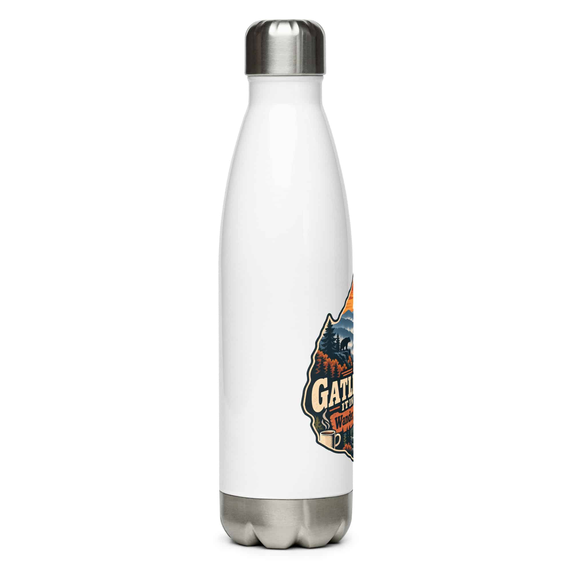 Gatlinburg and the Smokies Stainless Steel Water Bottle: My Gatlinburg Itinerary: Wander, Eat, Repeat, Scenic Shield Badge