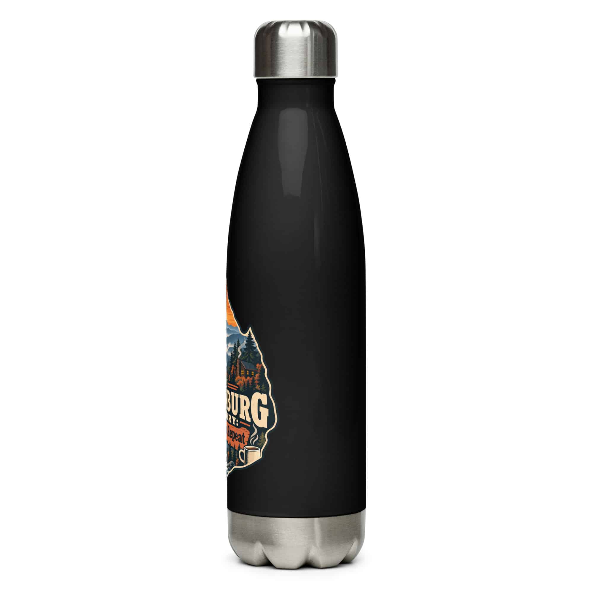 Gatlinburg and the Smokies Stainless Steel Water Bottle: My Gatlinburg Itinerary: Wander, Eat, Repeat, Scenic Shield Badge