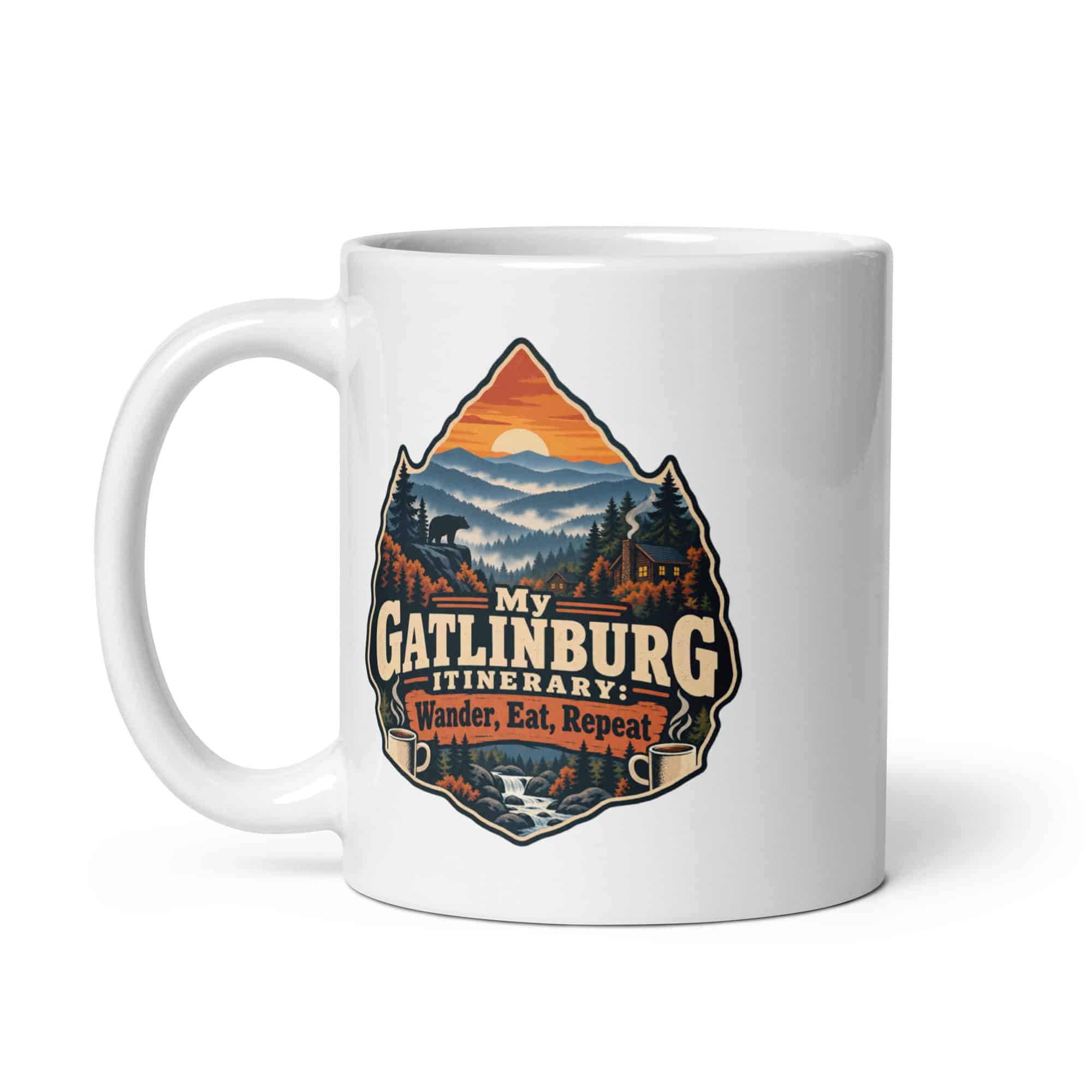 Gatlinburg and the Smokies White Ceramic Coffee Mug: My Gatlinburg Itinerary: Wander, Eat, Repeat, Scenic Shield Badge