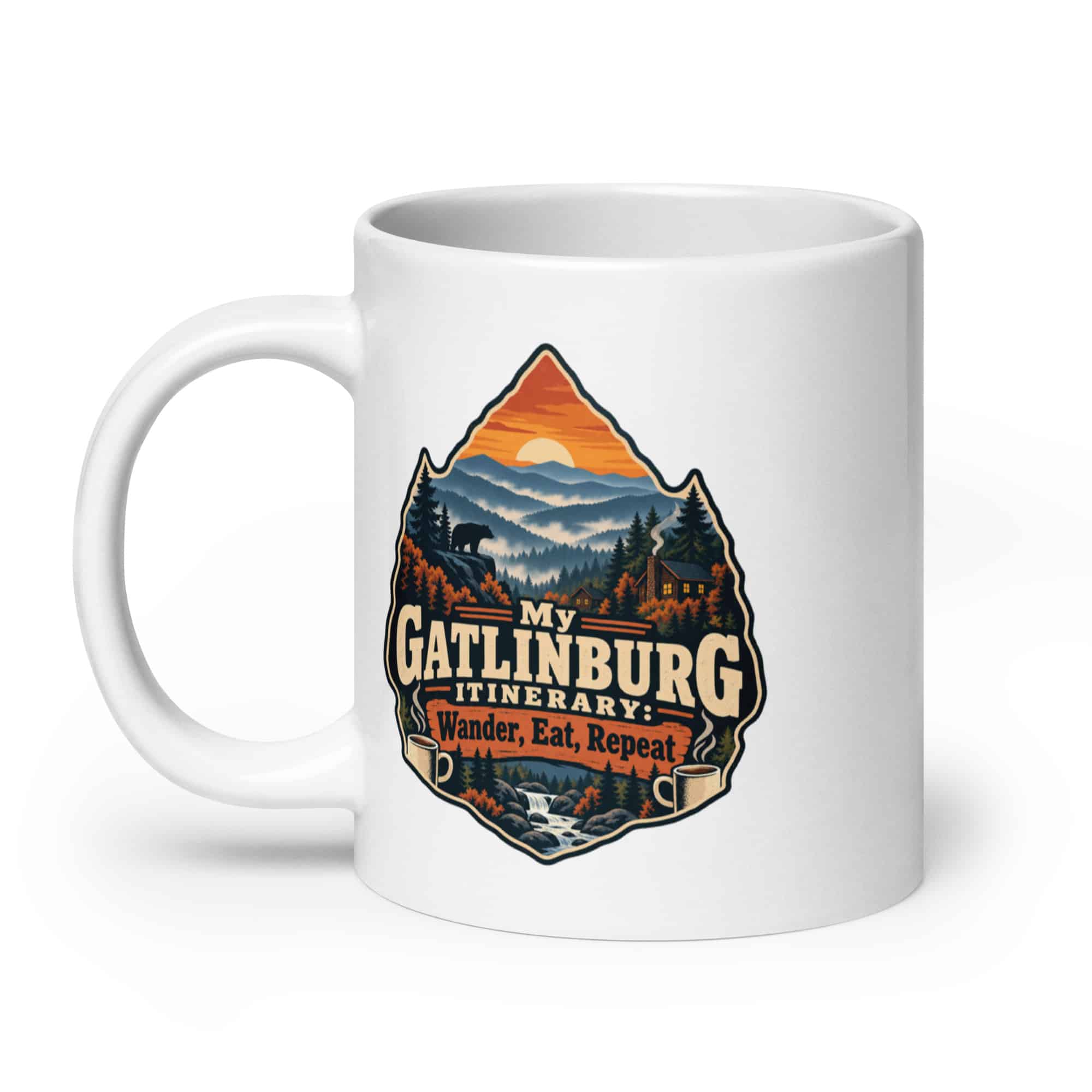 Gatlinburg and the Smokies White Ceramic Coffee Mug: My Gatlinburg Itinerary: Wander, Eat, Repeat, Scenic Shield Badge