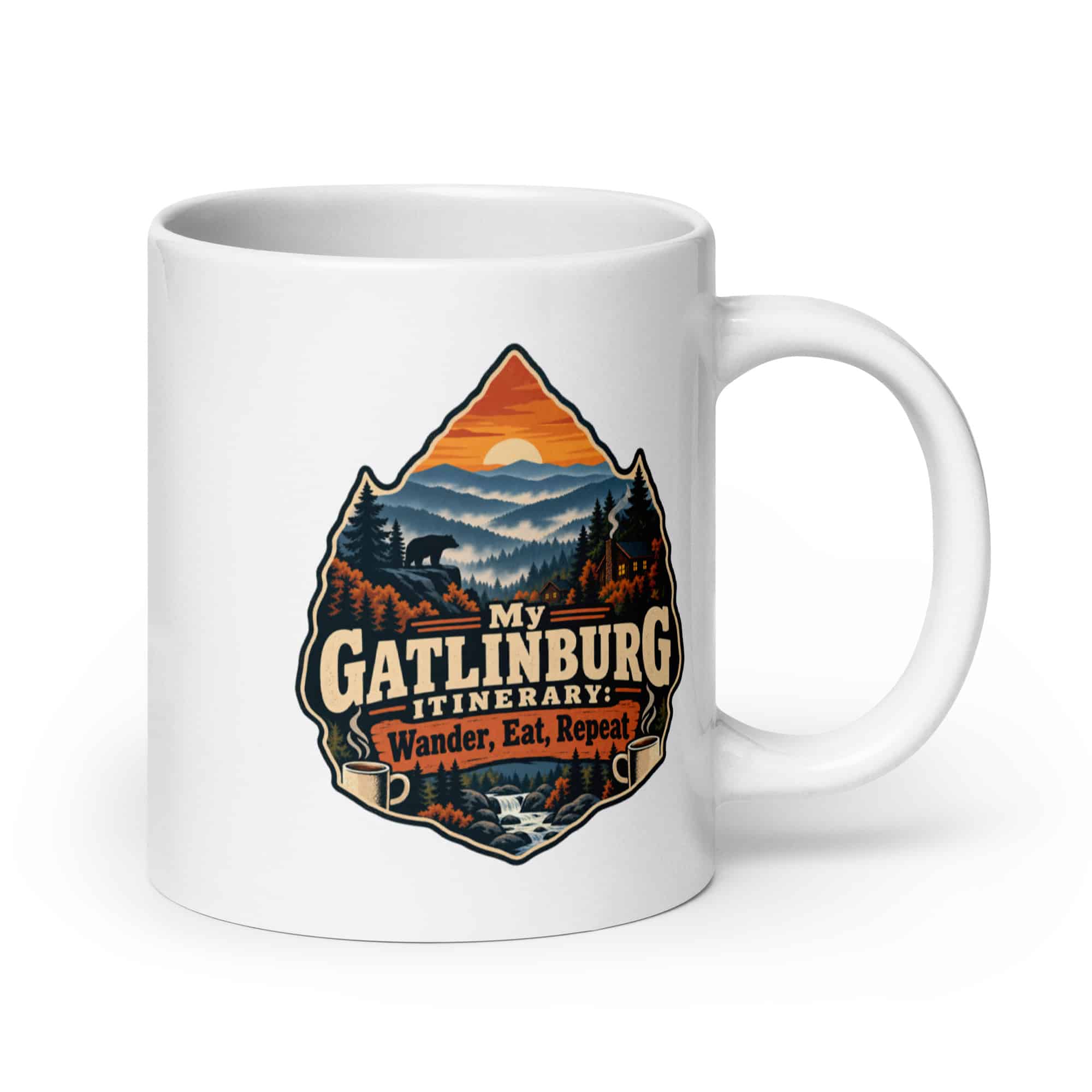 Gatlinburg and the Smokies White Ceramic Coffee Mug: My Gatlinburg Itinerary: Wander, Eat, Repeat, Scenic Shield Badge