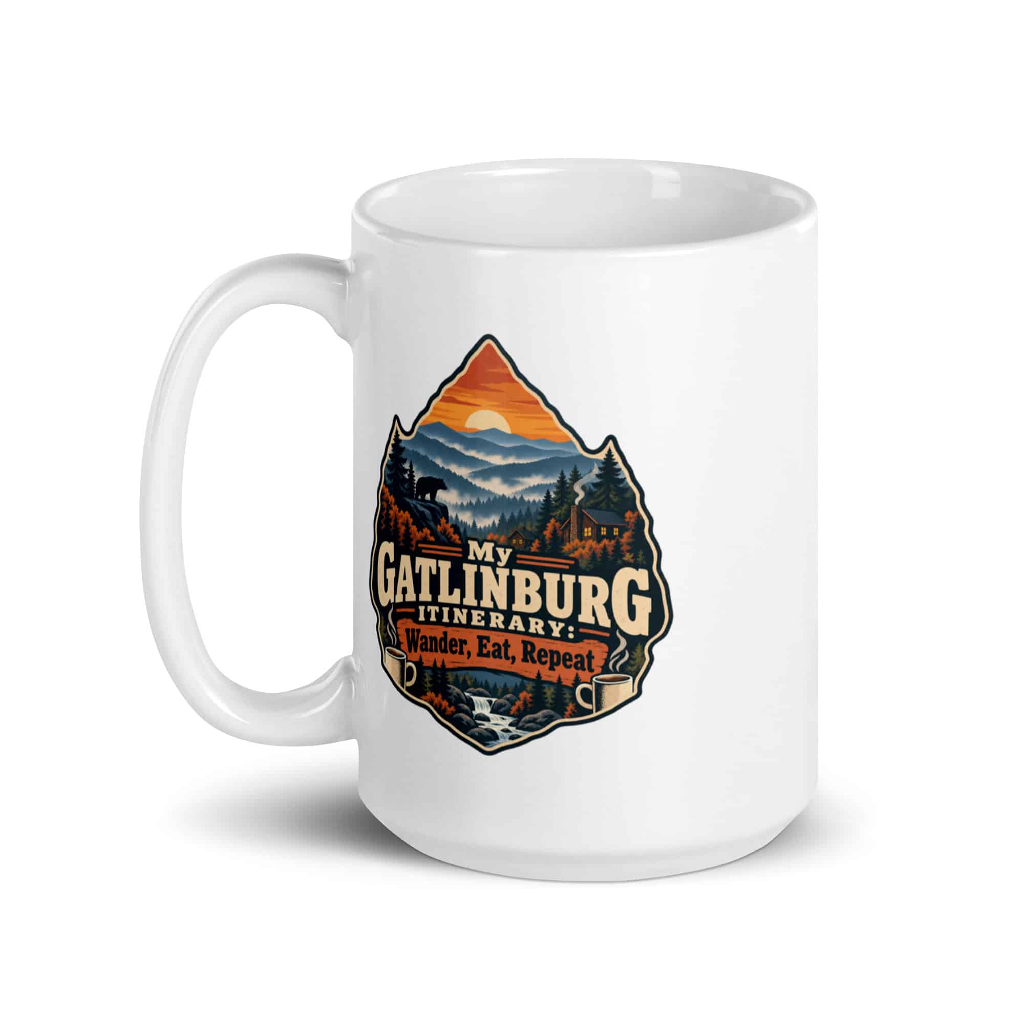 Gatlinburg and the Smokies White Ceramic Coffee Mug: My Gatlinburg Itinerary: Wander, Eat, Repeat, Scenic Shield Badge