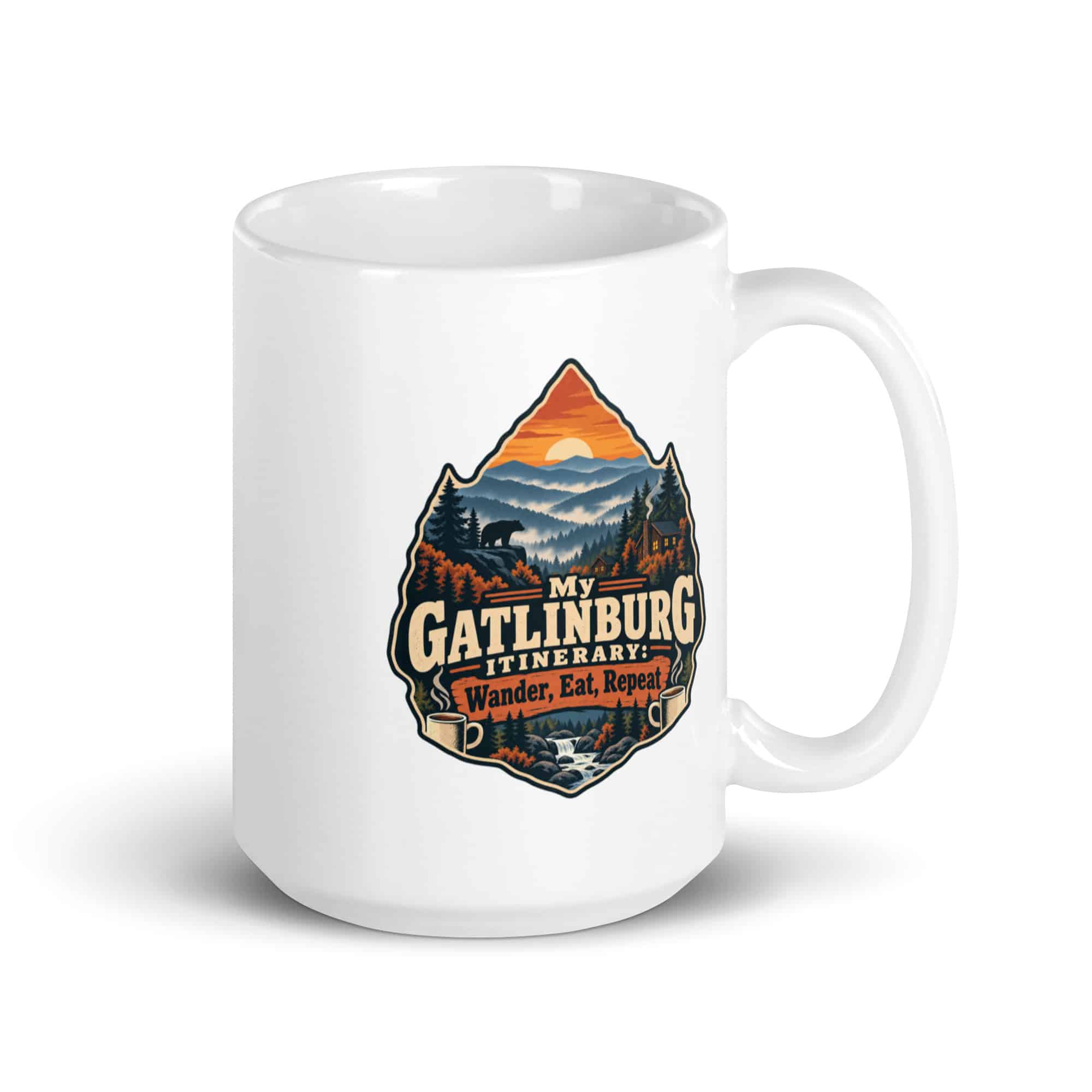 Gatlinburg and the Smokies White Ceramic Coffee Mug: My Gatlinburg Itinerary: Wander, Eat, Repeat, Scenic Shield Badge