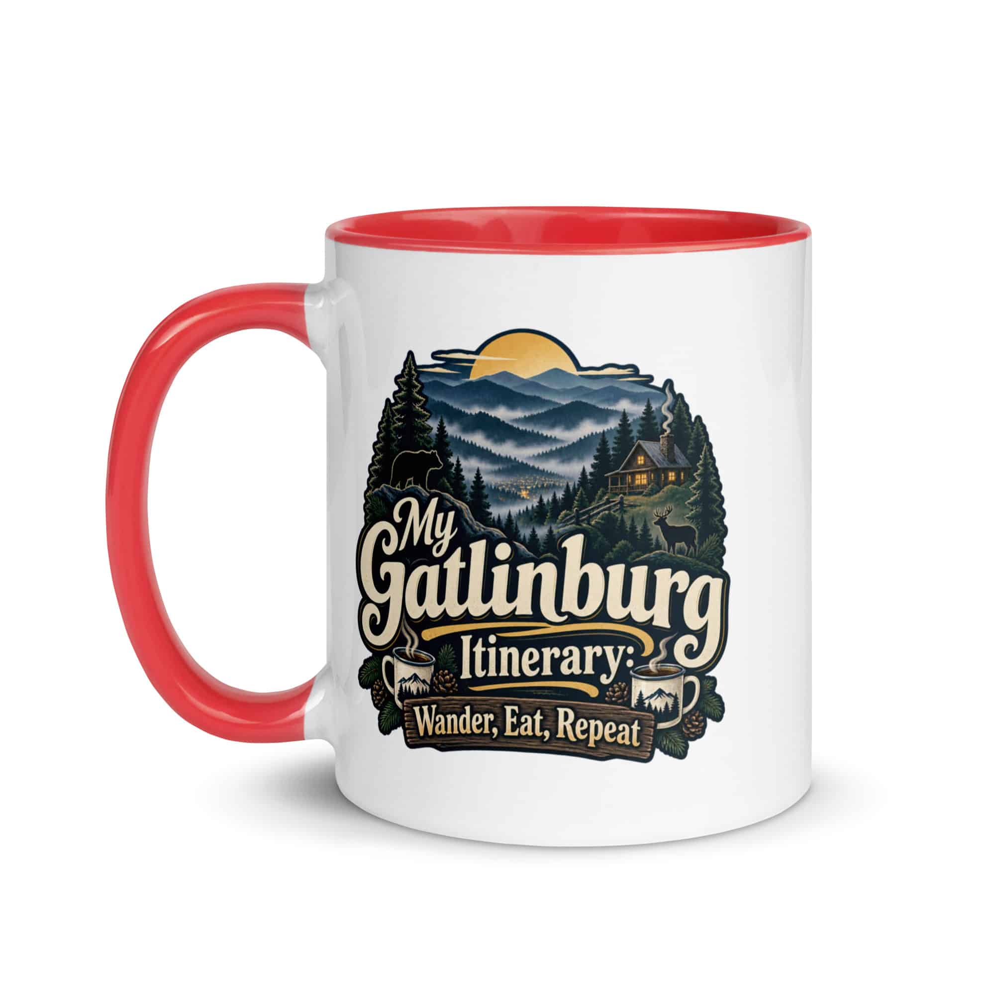 Gatlinburg and the Smokies Color Inside Coffee Mug: My Gatlinburg Itinerary: Wander, Eat, Repeat, Woodland Scenic Lettering
