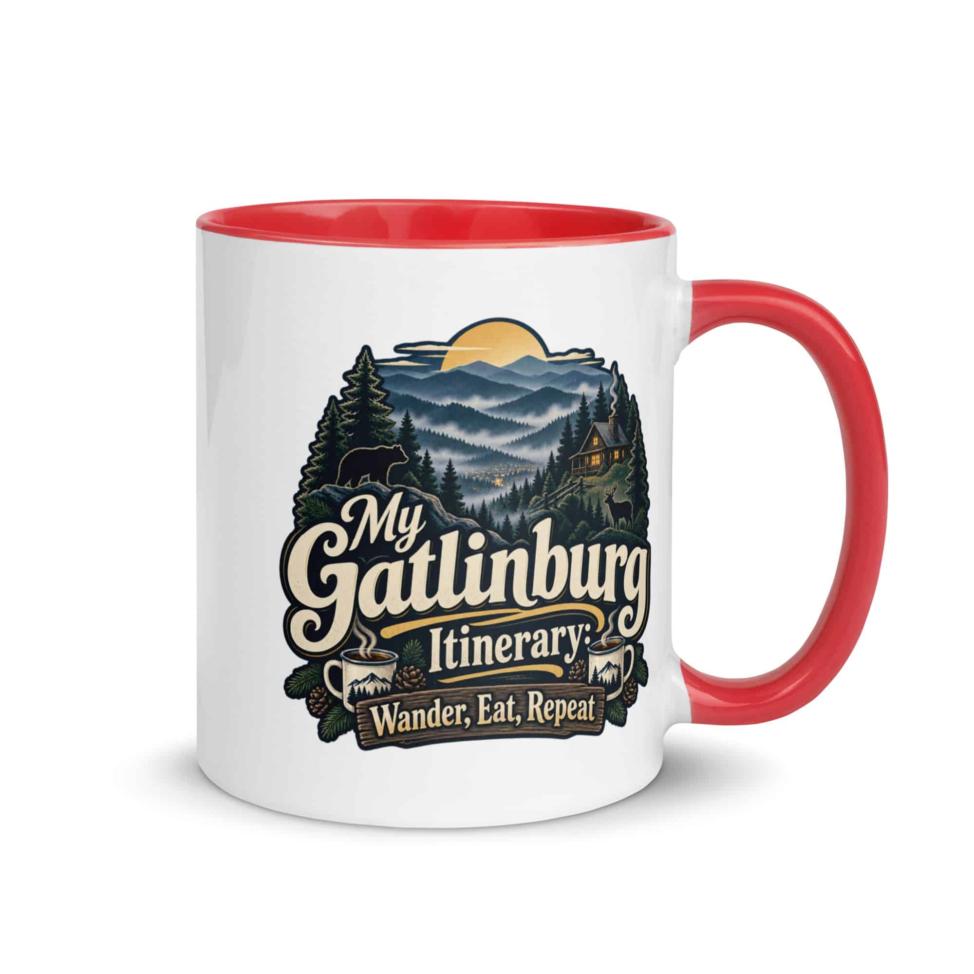 Gatlinburg and the Smokies Color Inside Coffee Mug: My Gatlinburg Itinerary: Wander, Eat, Repeat, Woodland Scenic Lettering