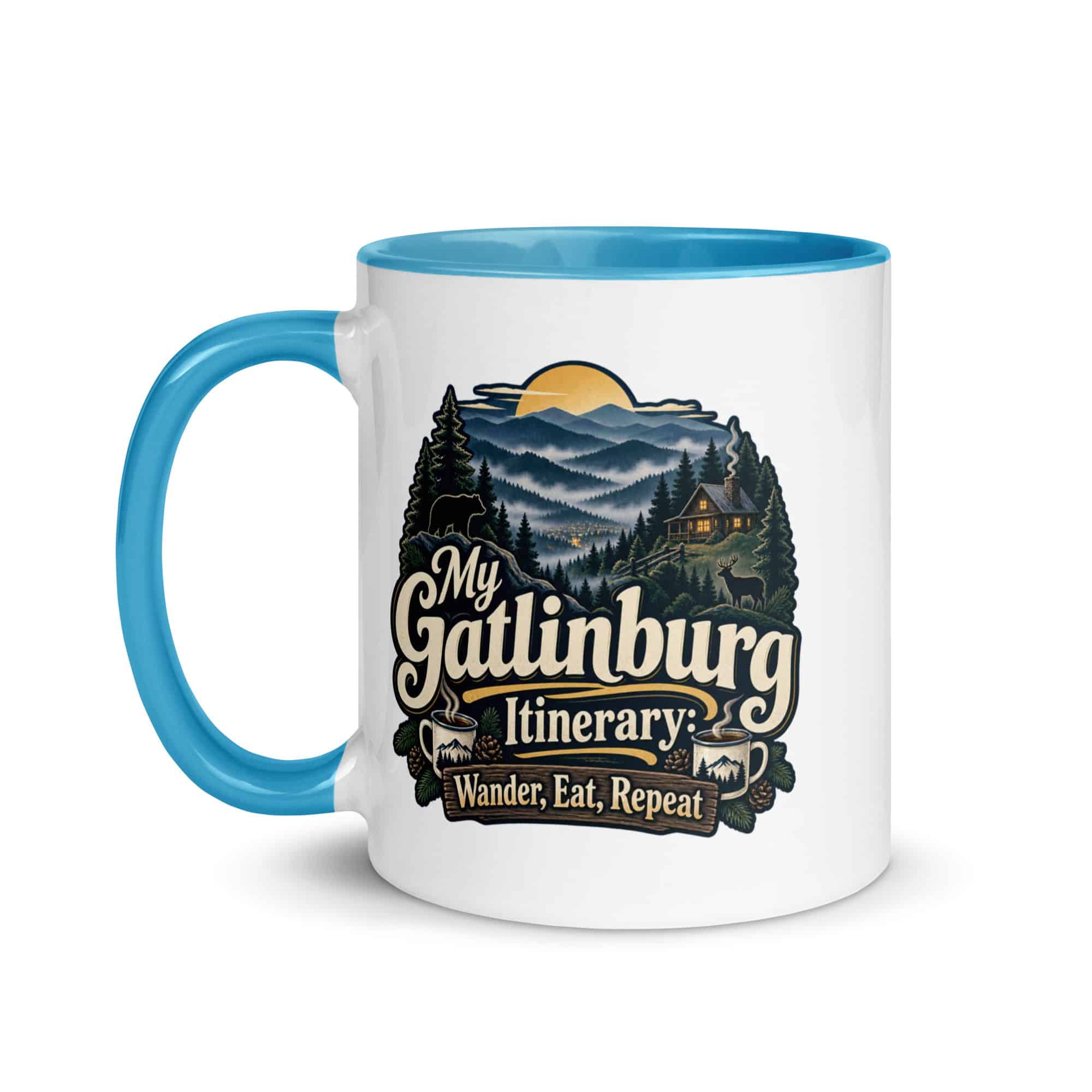 Gatlinburg and the Smokies Color Inside Coffee Mug: My Gatlinburg Itinerary: Wander, Eat, Repeat, Woodland Scenic Lettering