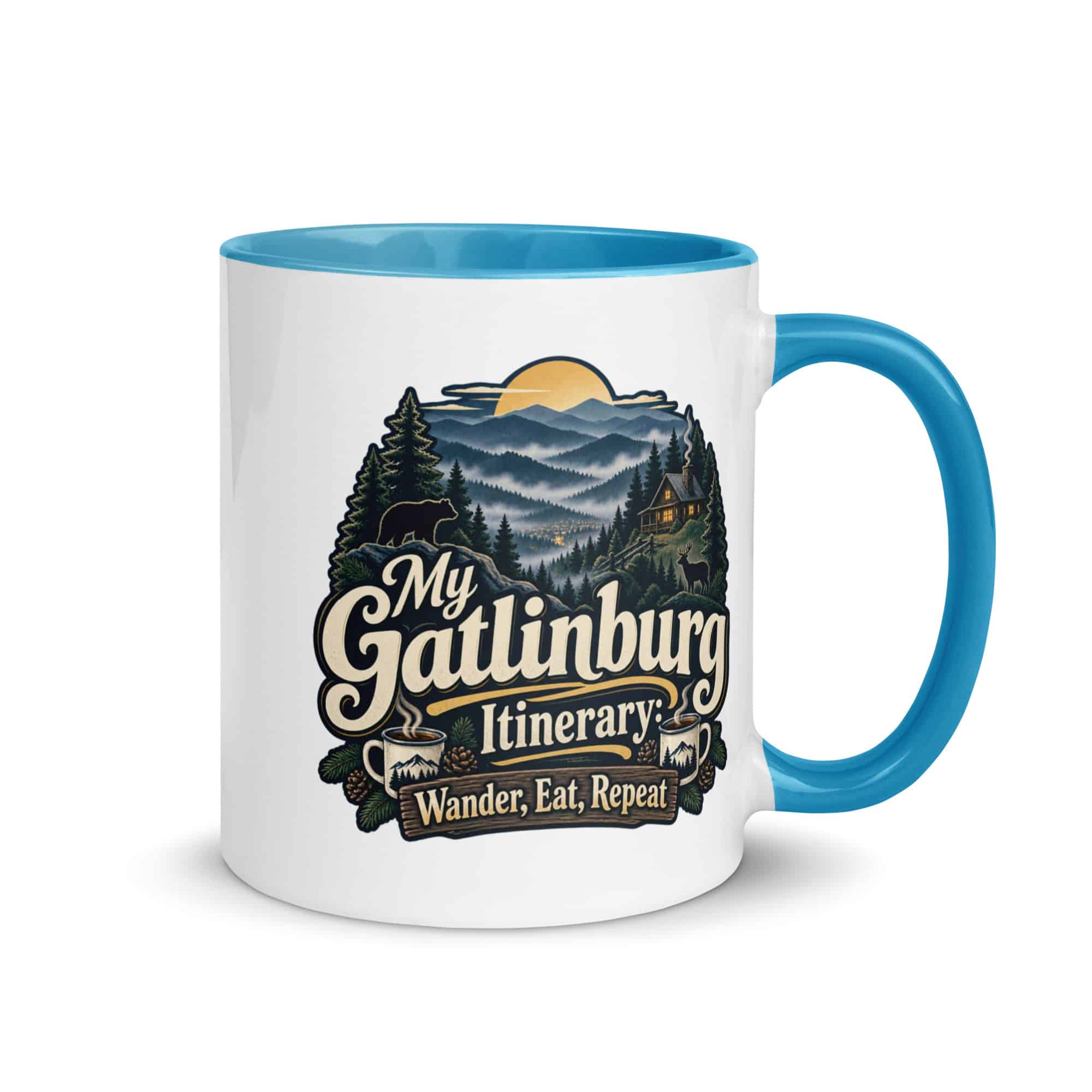 Gatlinburg and the Smokies Color Inside Coffee Mug: My Gatlinburg Itinerary: Wander, Eat, Repeat, Woodland Scenic Lettering