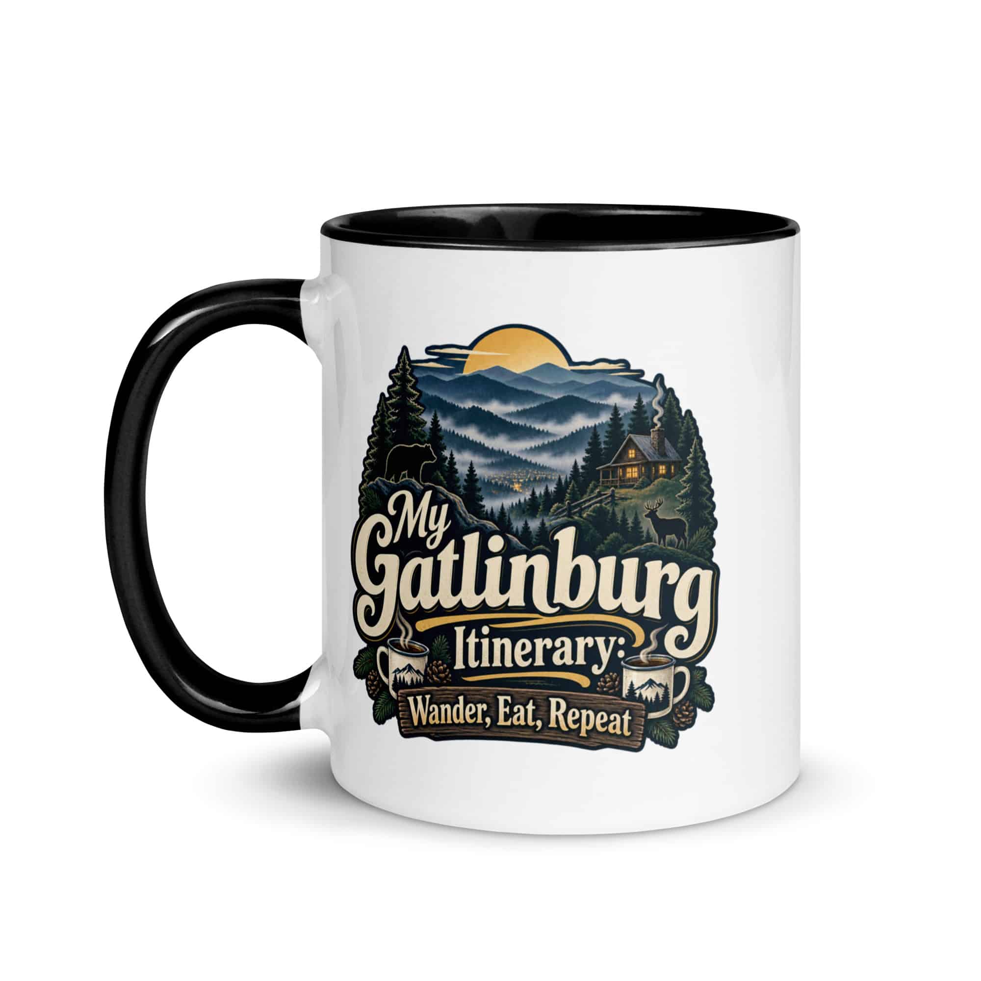 Gatlinburg and the Smokies Color Inside Coffee Mug: My Gatlinburg Itinerary: Wander, Eat, Repeat, Woodland Scenic Lettering