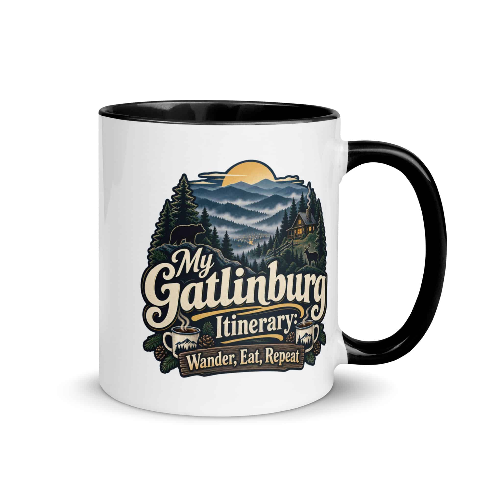 Gatlinburg and the Smokies Color Inside Coffee Mug: My Gatlinburg Itinerary: Wander, Eat, Repeat, Woodland Scenic Lettering