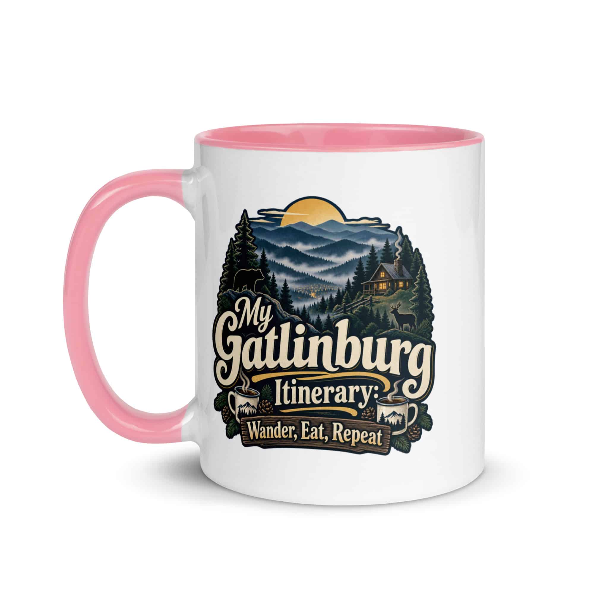 Gatlinburg and the Smokies Color Inside Coffee Mug: My Gatlinburg Itinerary: Wander, Eat, Repeat, Woodland Scenic Lettering