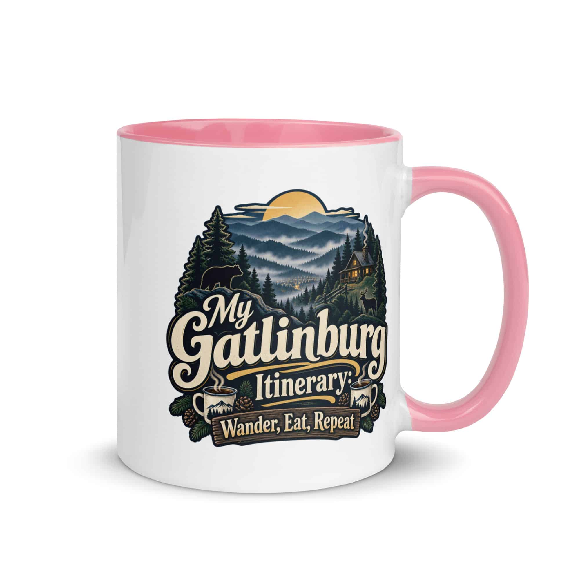 Gatlinburg and the Smokies Color Inside Coffee Mug: My Gatlinburg Itinerary: Wander, Eat, Repeat, Woodland Scenic Lettering