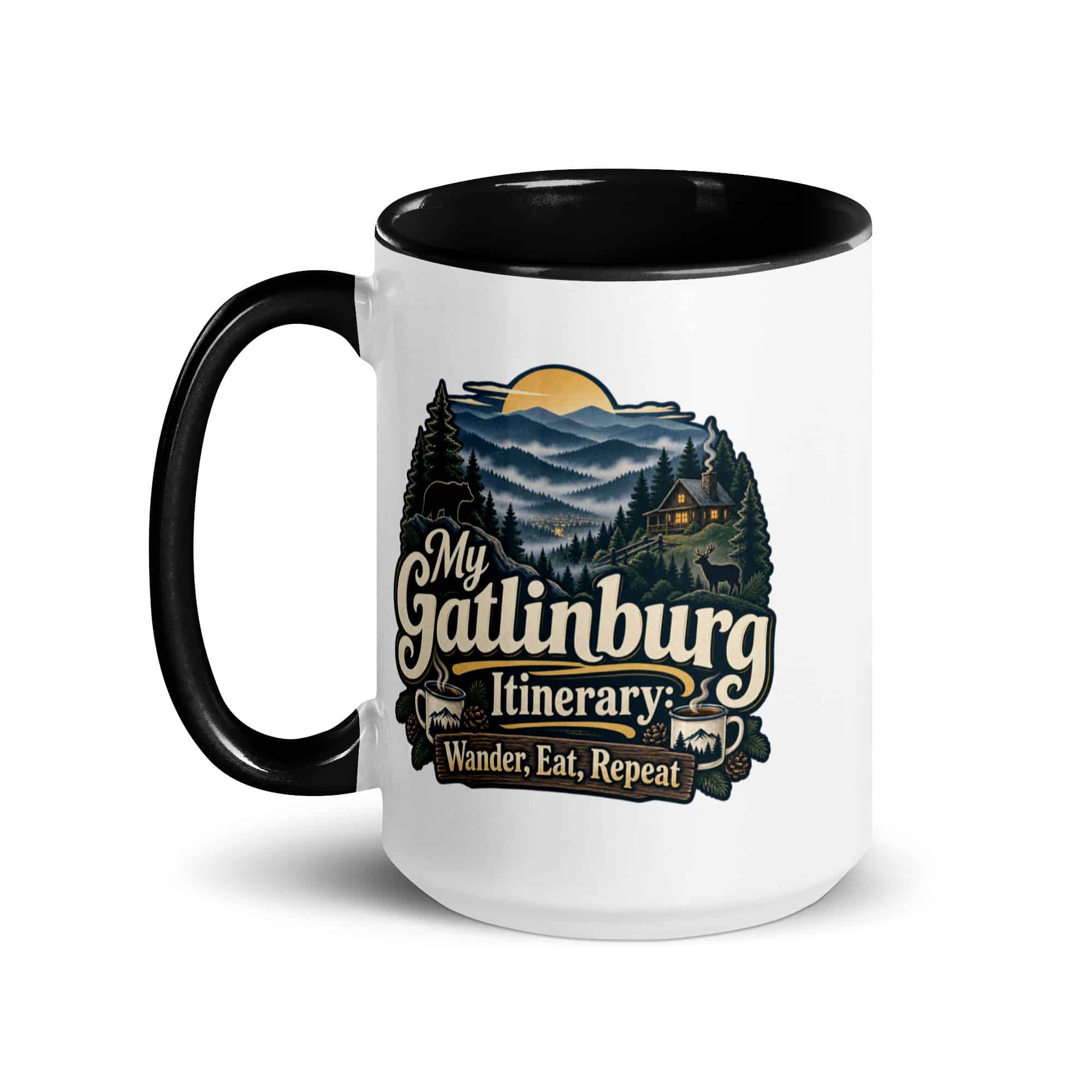 Gatlinburg and the Smokies Color Inside Coffee Mug: My Gatlinburg Itinerary: Wander, Eat, Repeat, Woodland Scenic Lettering