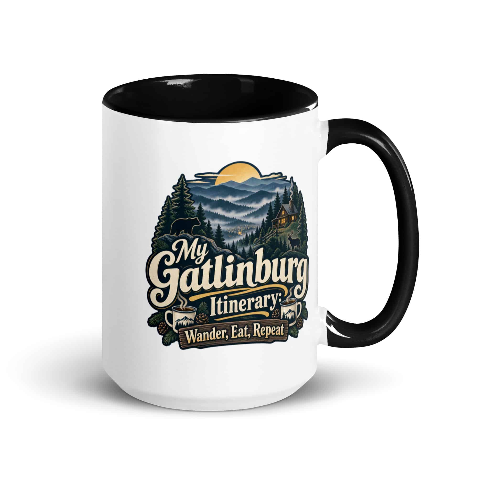 Gatlinburg and the Smokies Color Inside Coffee Mug: My Gatlinburg Itinerary: Wander, Eat, Repeat, Woodland Scenic Lettering