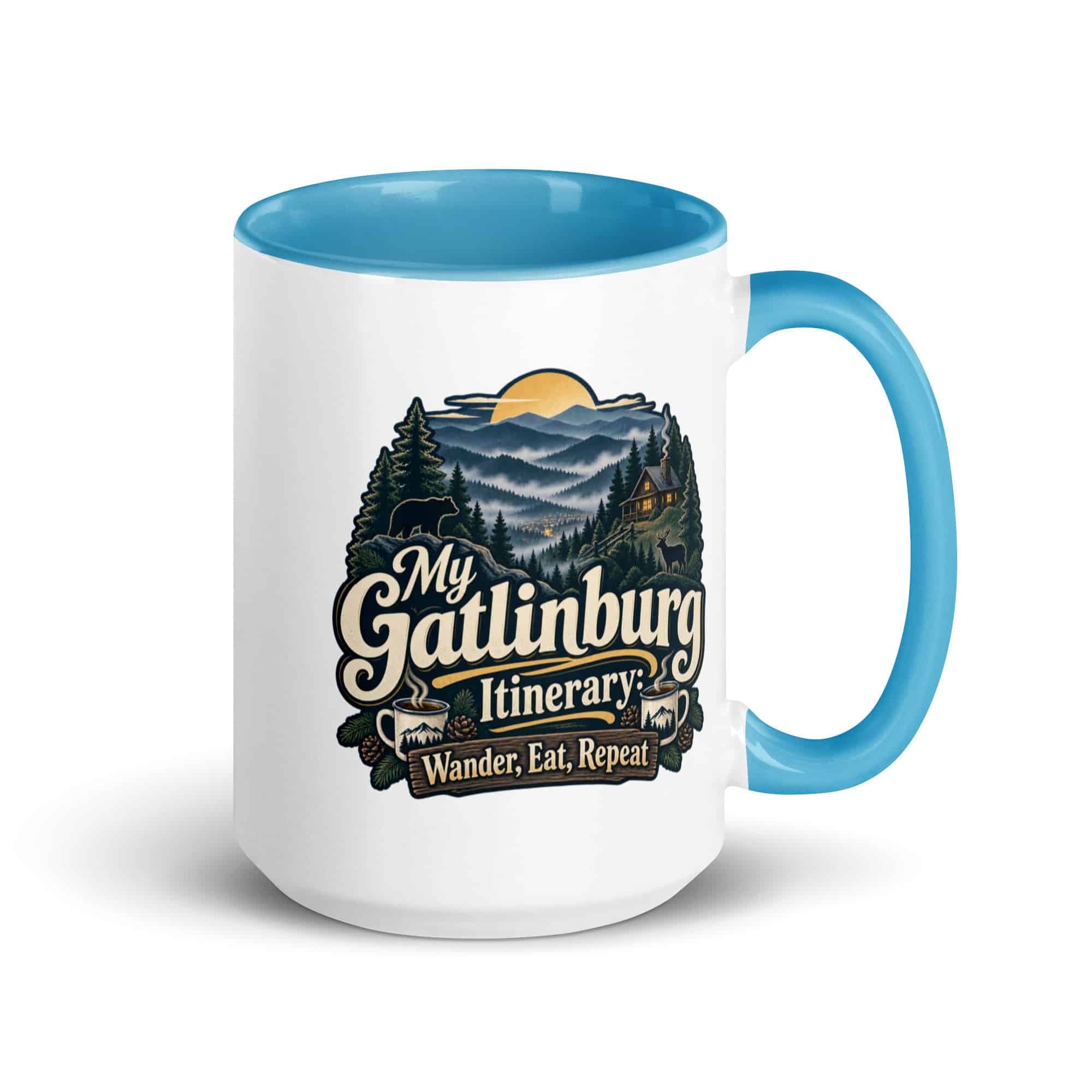 Gatlinburg and the Smokies Color Inside Coffee Mug: My Gatlinburg Itinerary: Wander, Eat, Repeat, Woodland Scenic Lettering