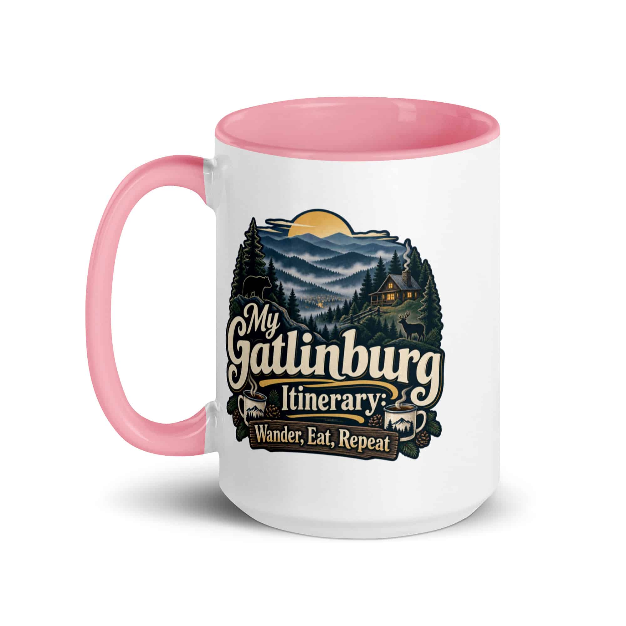 Gatlinburg and the Smokies Color Inside Coffee Mug: My Gatlinburg Itinerary: Wander, Eat, Repeat, Woodland Scenic Lettering