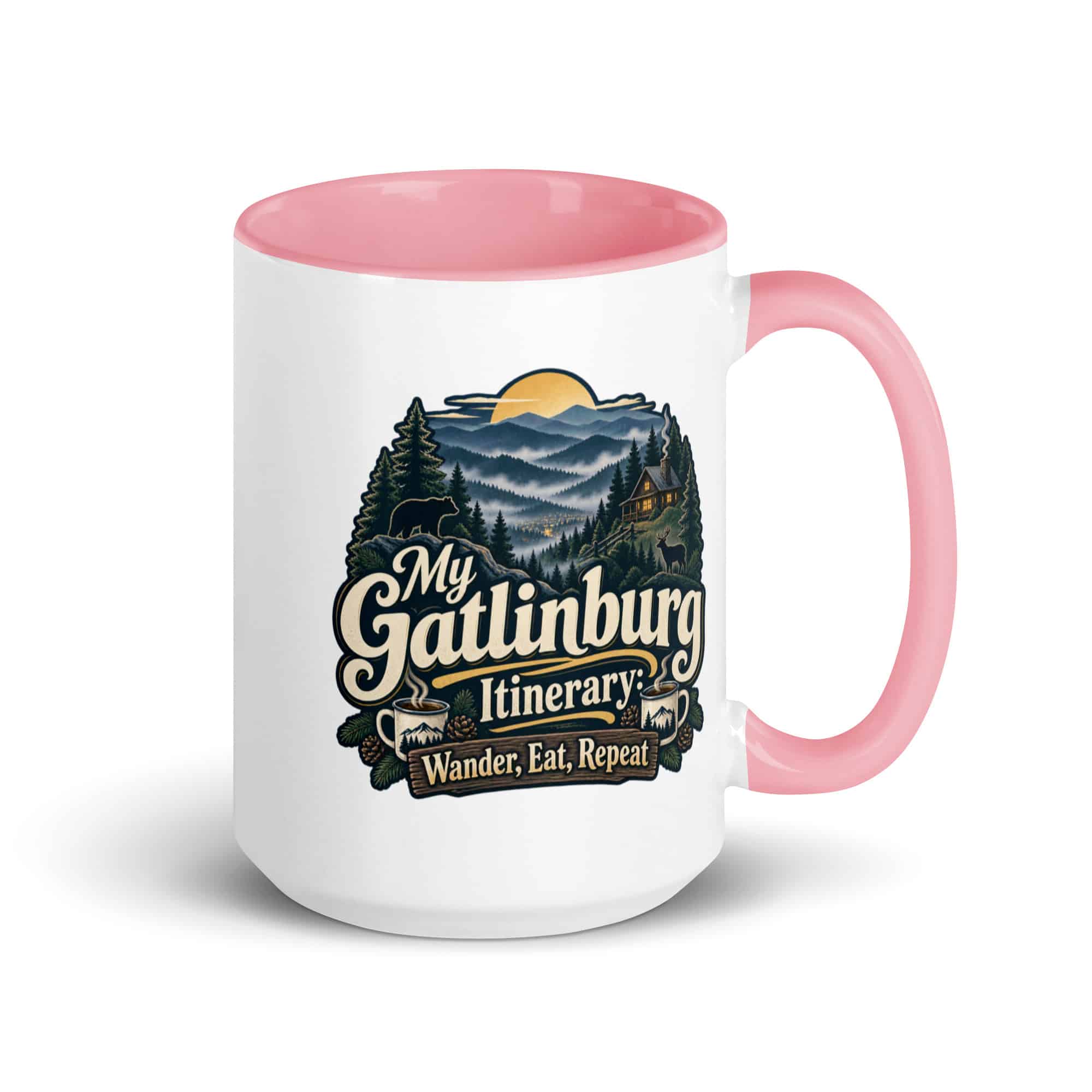 Gatlinburg and the Smokies Color Inside Coffee Mug: My Gatlinburg Itinerary: Wander, Eat, Repeat, Woodland Scenic Lettering