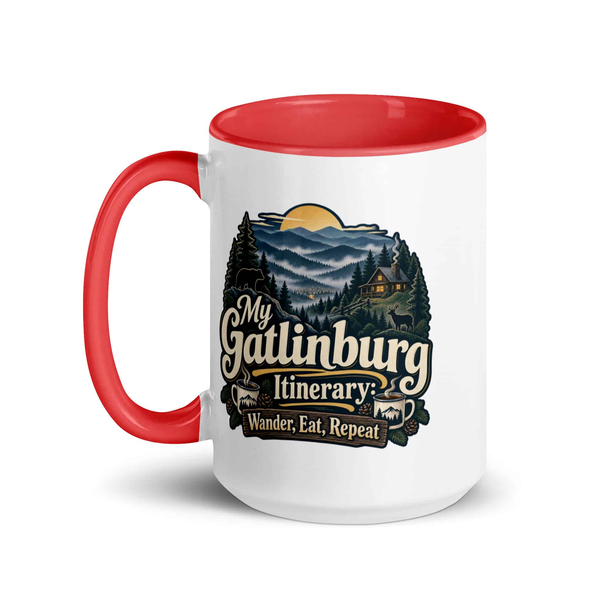 Gatlinburg and the Smokies Color Inside Coffee Mug: My Gatlinburg Itinerary: Wander, Eat, Repeat, Woodland Scenic Lettering