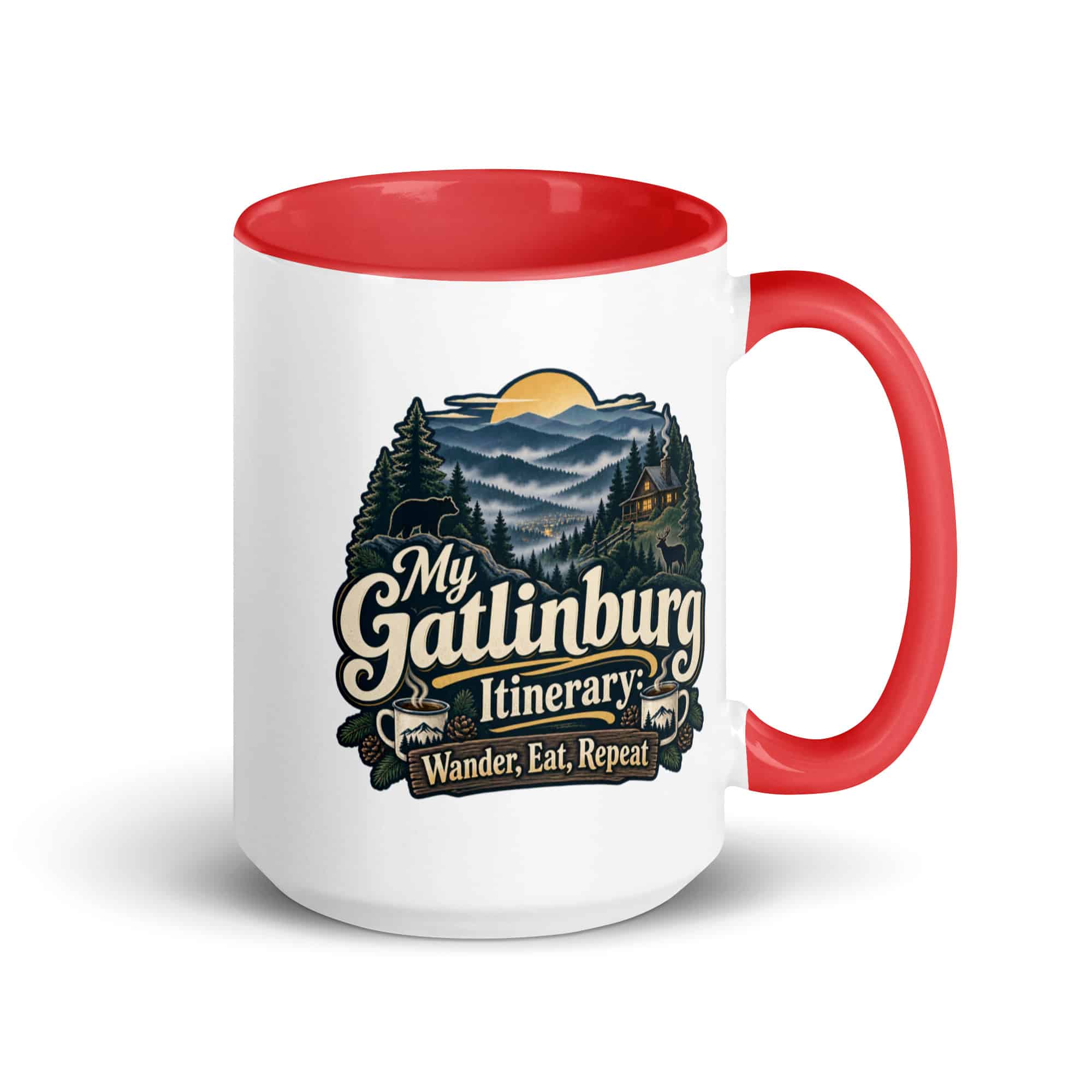 Gatlinburg and the Smokies Color Inside Coffee Mug: My Gatlinburg Itinerary: Wander, Eat, Repeat, Woodland Scenic Lettering