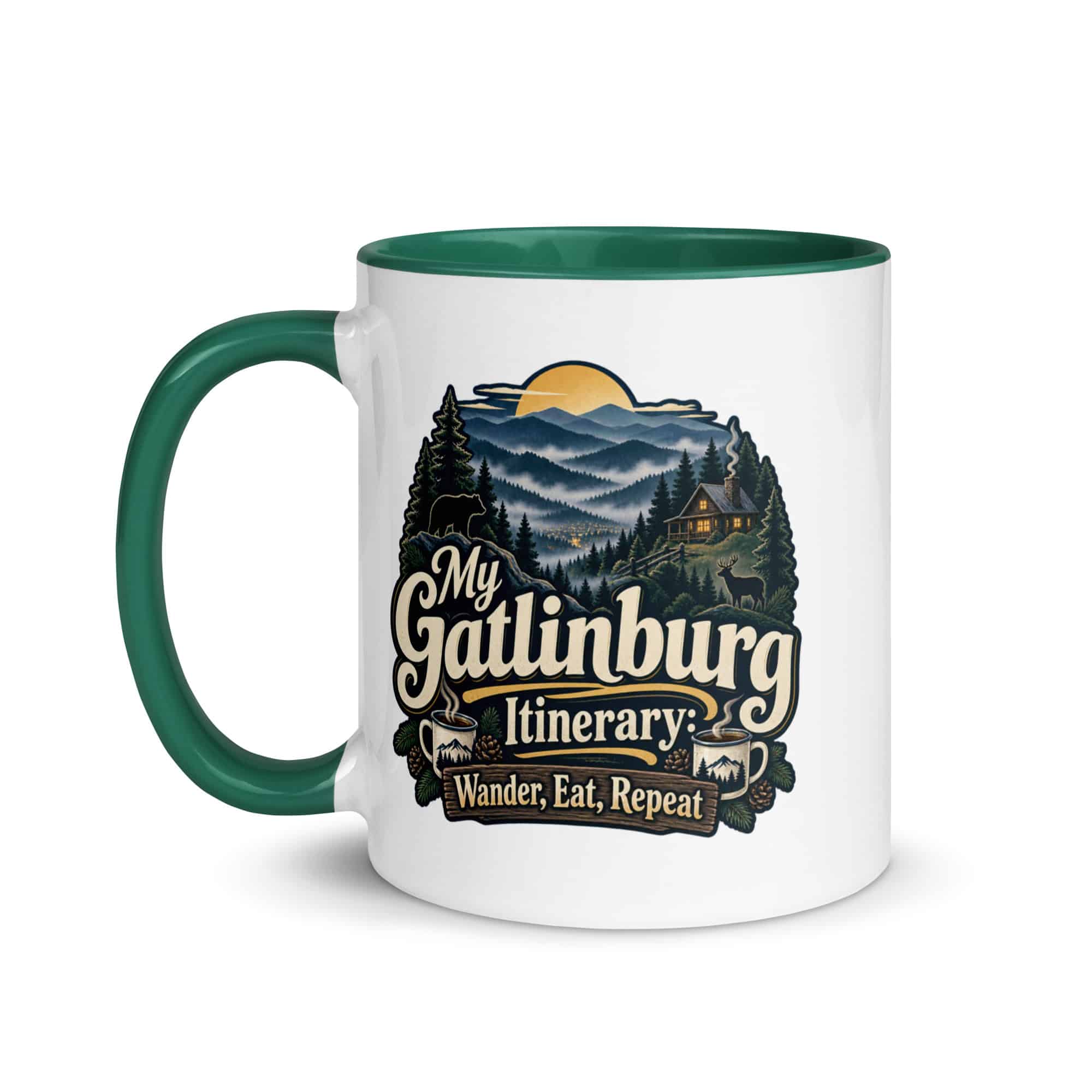 Gatlinburg and the Smokies Color Inside Coffee Mug: My Gatlinburg Itinerary: Wander, Eat, Repeat, Woodland Scenic Lettering
