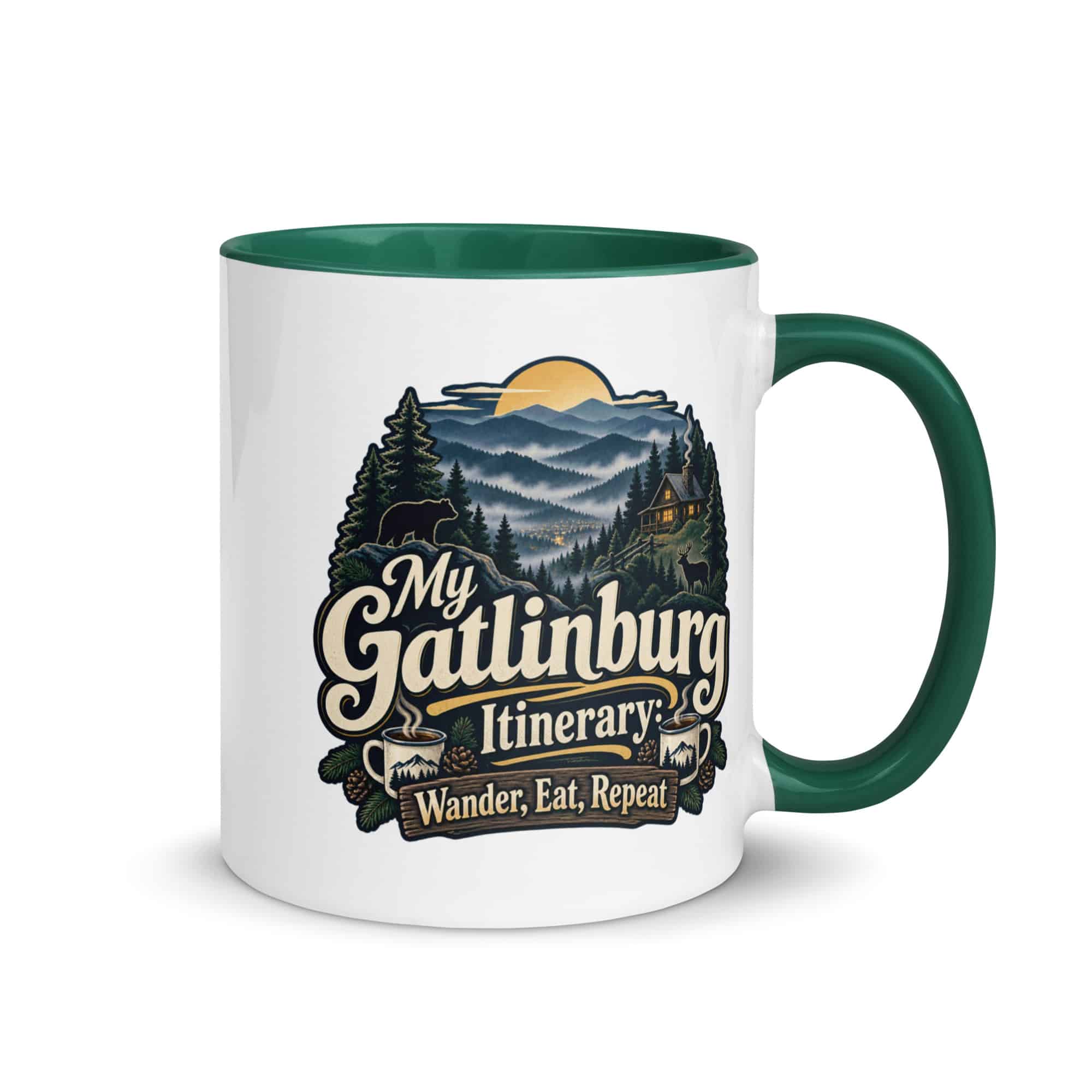 Gatlinburg and the Smokies Color Inside Coffee Mug: My Gatlinburg Itinerary: Wander, Eat, Repeat, Woodland Scenic Lettering