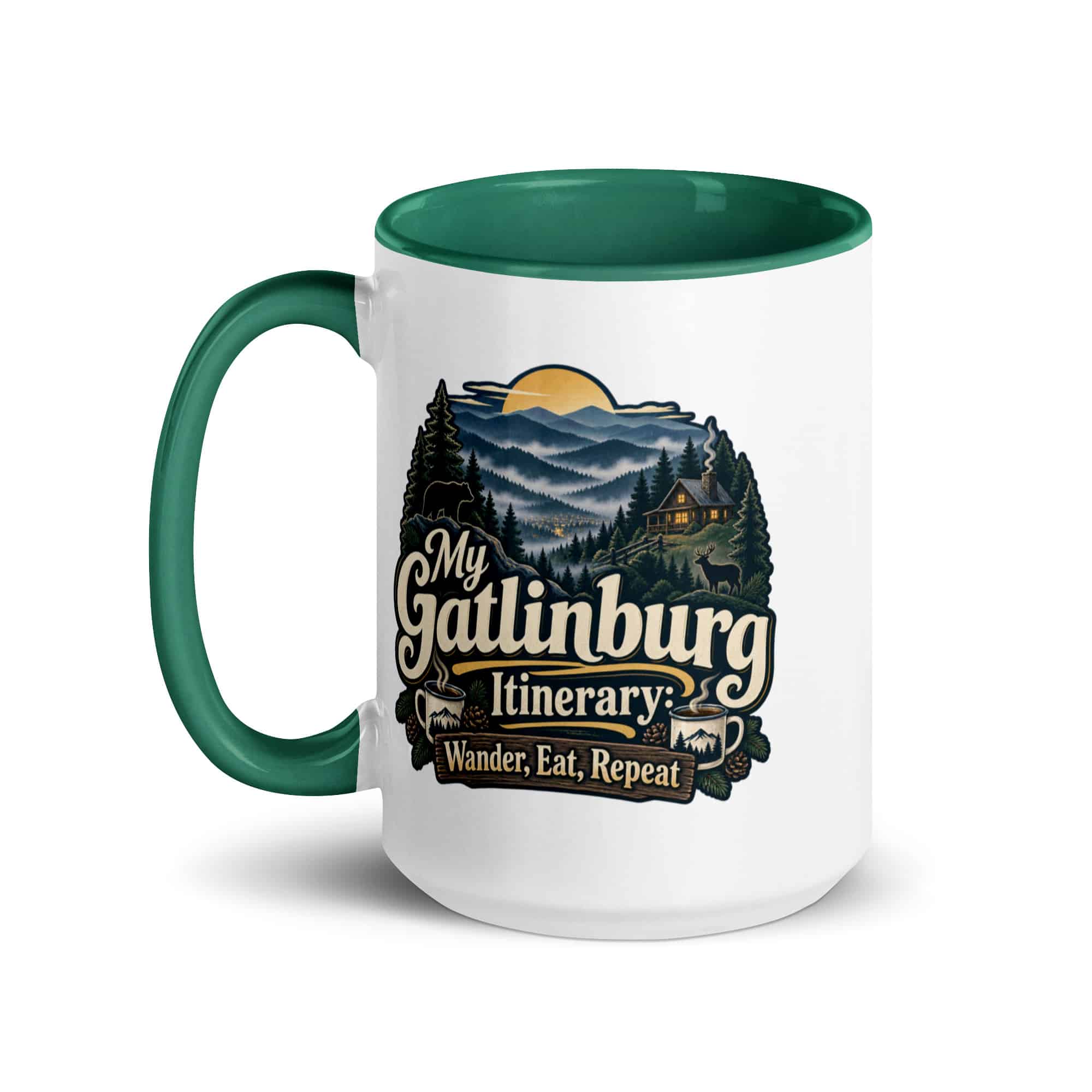Gatlinburg and the Smokies Color Inside Coffee Mug: My Gatlinburg Itinerary: Wander, Eat, Repeat, Woodland Scenic Lettering