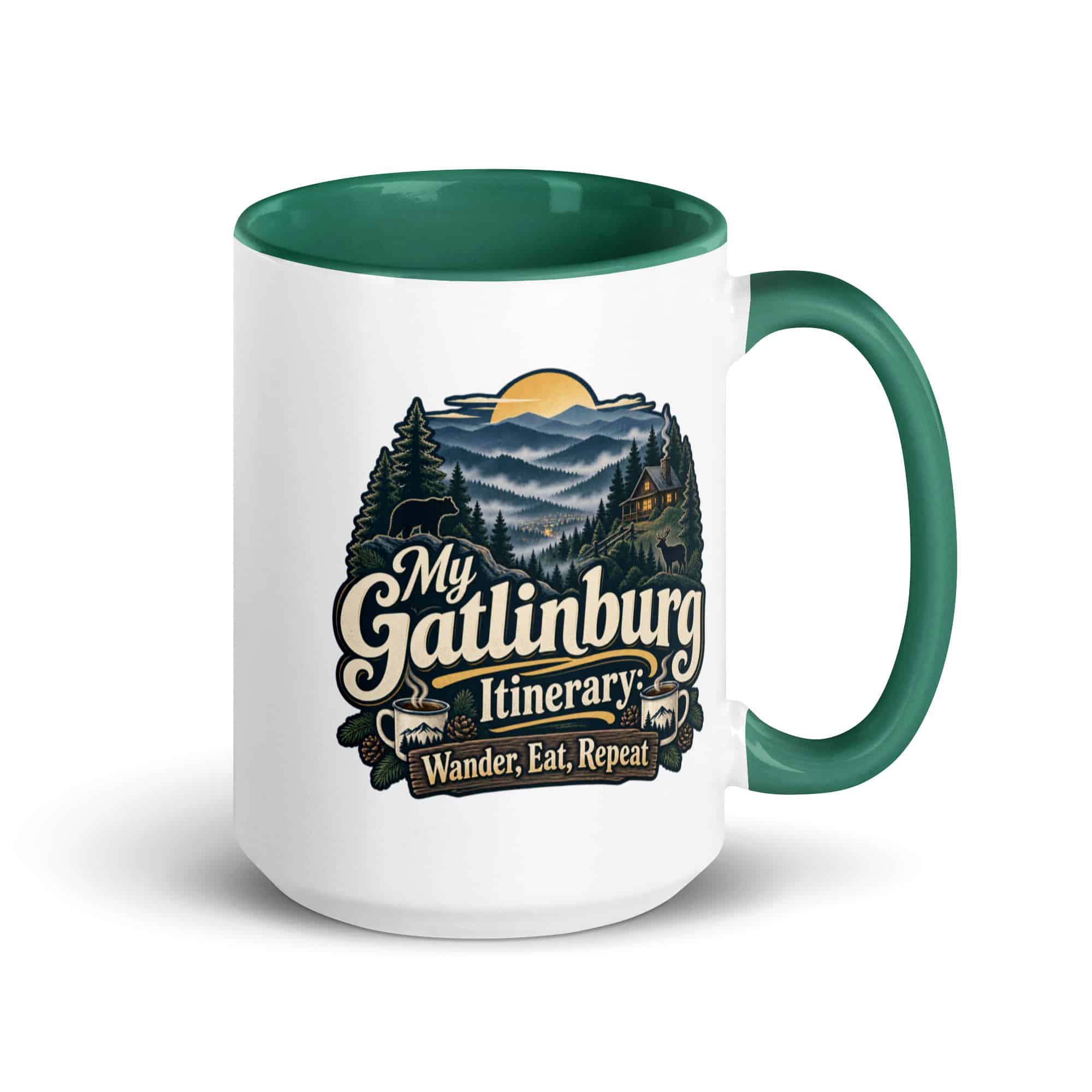 Gatlinburg and the Smokies Color Inside Coffee Mug: My Gatlinburg Itinerary: Wander, Eat, Repeat, Woodland Scenic Lettering