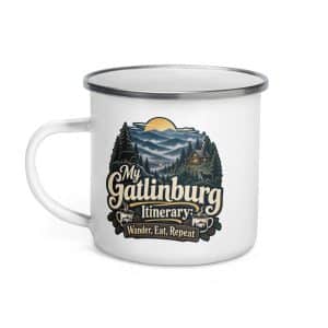 Gatlinburg and the Smokies Enamel Camp Mug: My Gatlinburg Itinerary: Wander, Eat, Repeat, Woodland Scenic Lettering - 12 oz - Left