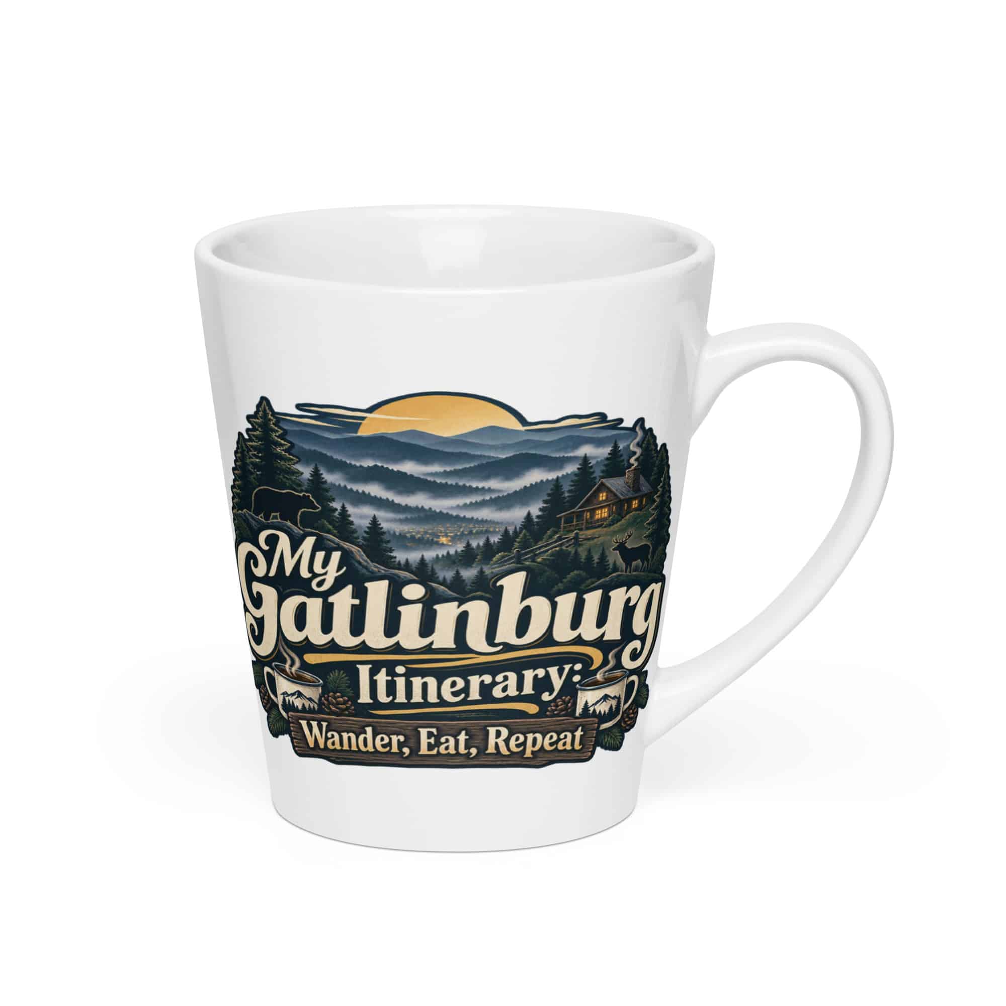 Gatlinburg and the Smokies Latte Mug: My Gatlinburg Itinerary: Wander, Eat, Repeat, Woodland Scenic Lettering