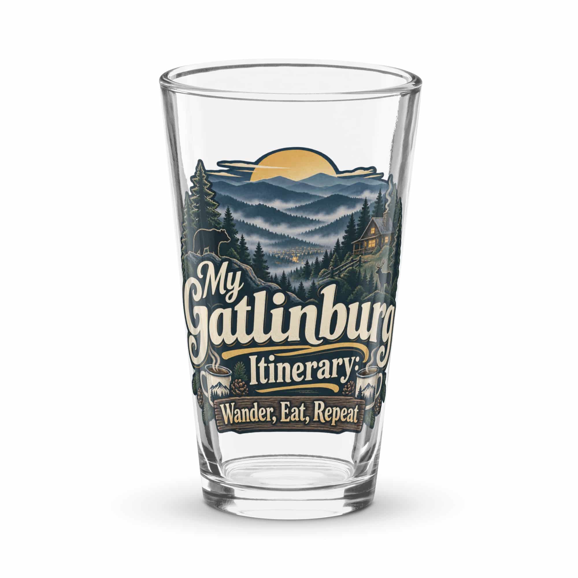 Gatlinburg and the Smokies Pint Glass: My Gatlinburg Itinerary: Wander, Eat, Repeat, Woodland Scenic Lettering