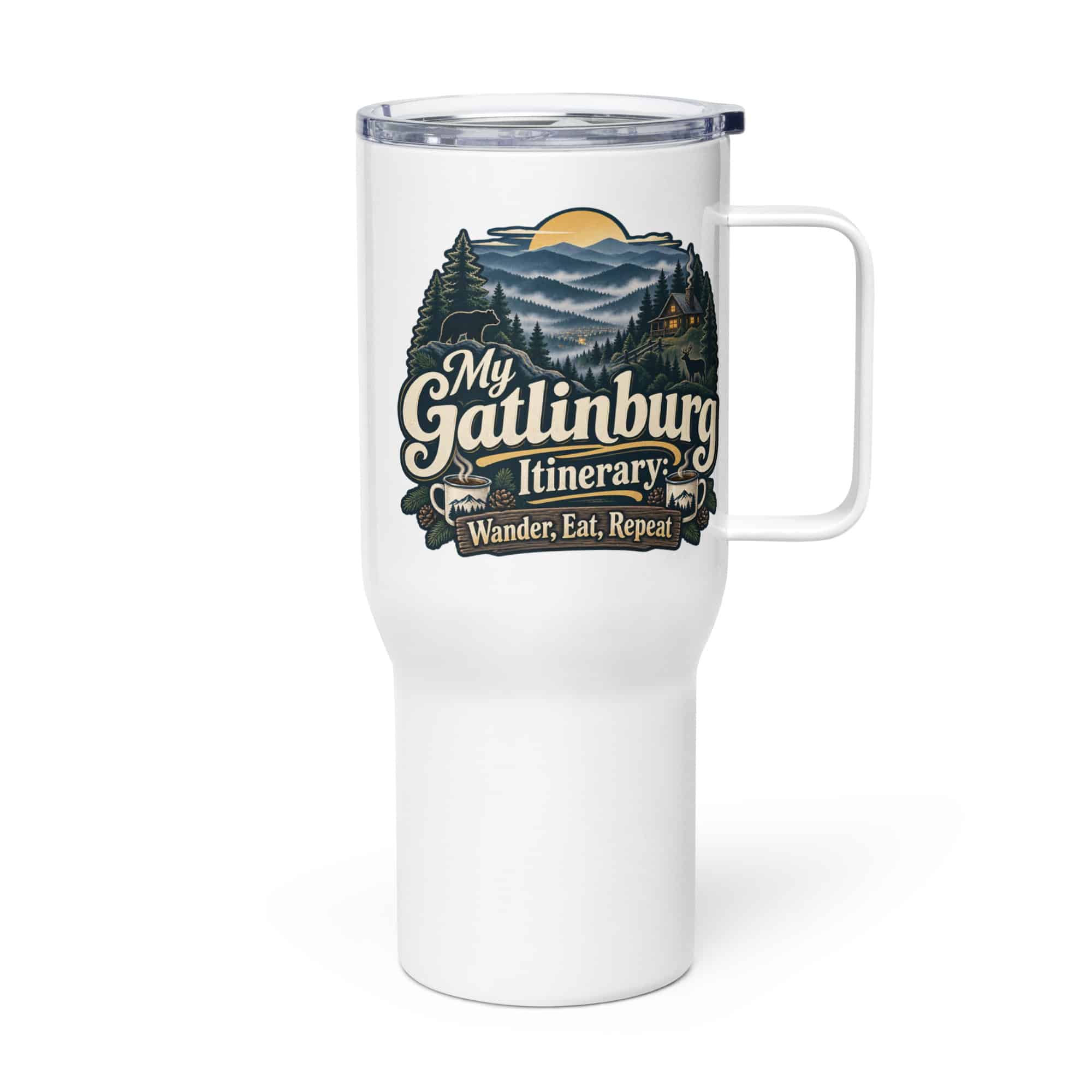 Gatlinburg and the Smokies Travel Mug: My Gatlinburg Itinerary: Wander, Eat, Repeat, Woodland Scenic Lettering