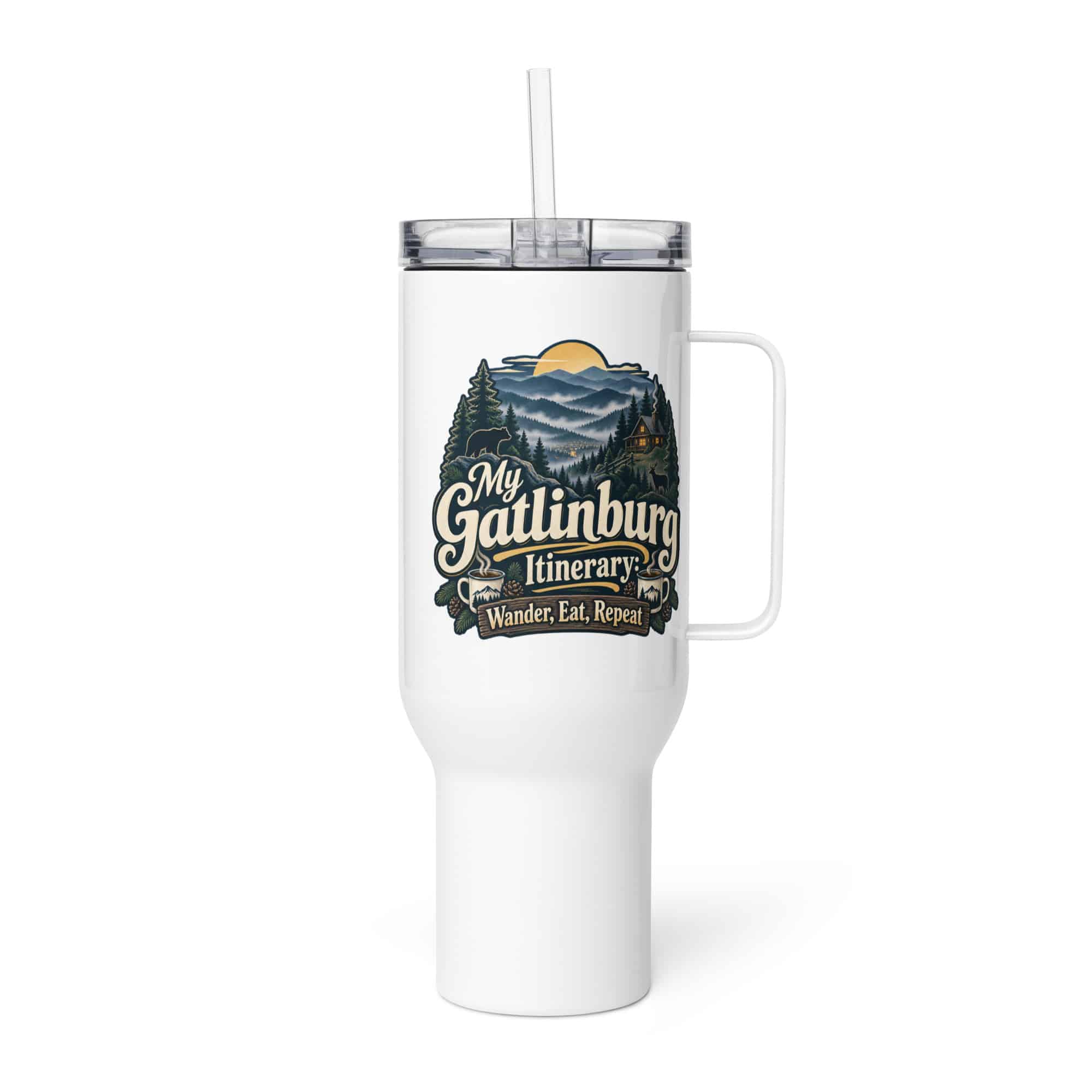 Gatlinburg and the Smokies Travel Mug: My Gatlinburg Itinerary: Wander, Eat, Repeat, Woodland Scenic Lettering