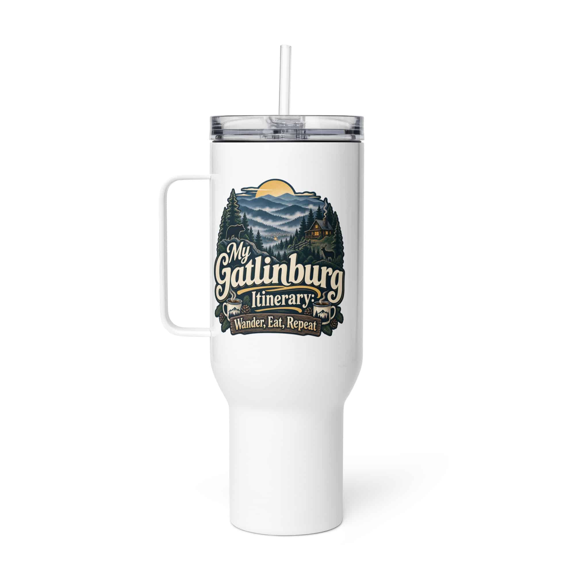 Gatlinburg and the Smokies Travel Mug: My Gatlinburg Itinerary: Wander, Eat, Repeat, Woodland Scenic Lettering