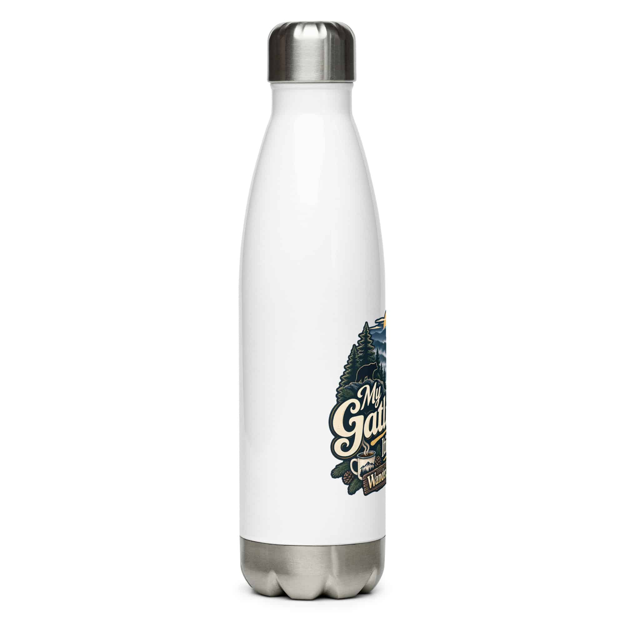 Gatlinburg and the Smokies Stainless Steel Water Bottle: My Gatlinburg Itinerary: Wander, Eat, Repeat, Woodland Scenic Lettering