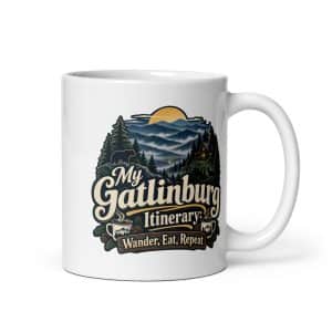 Gatlinburg and the Smokies White Ceramic Coffee Mug: My Gatlinburg Itinerary: Wander, Eat, Repeat, Woodland Scenic Lettering - 11 oz - Main