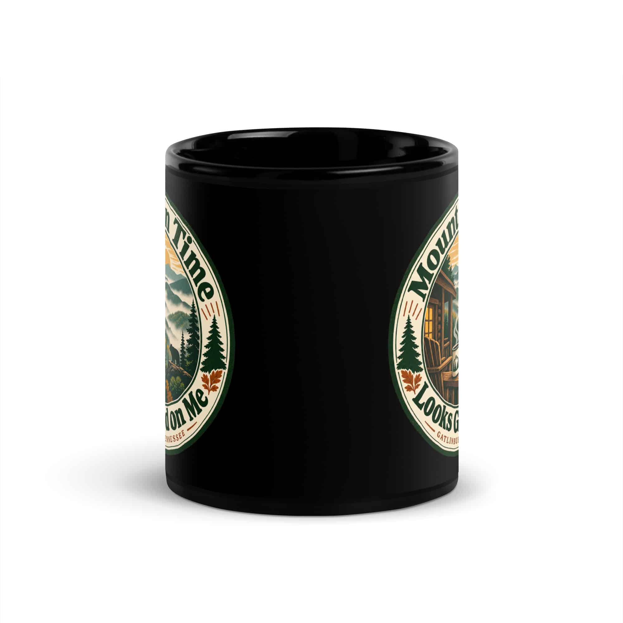 Gatlinburg and the Smokies Black Coffee Mug: Mountain Time Looks Good on Me, Vintage Round Badge