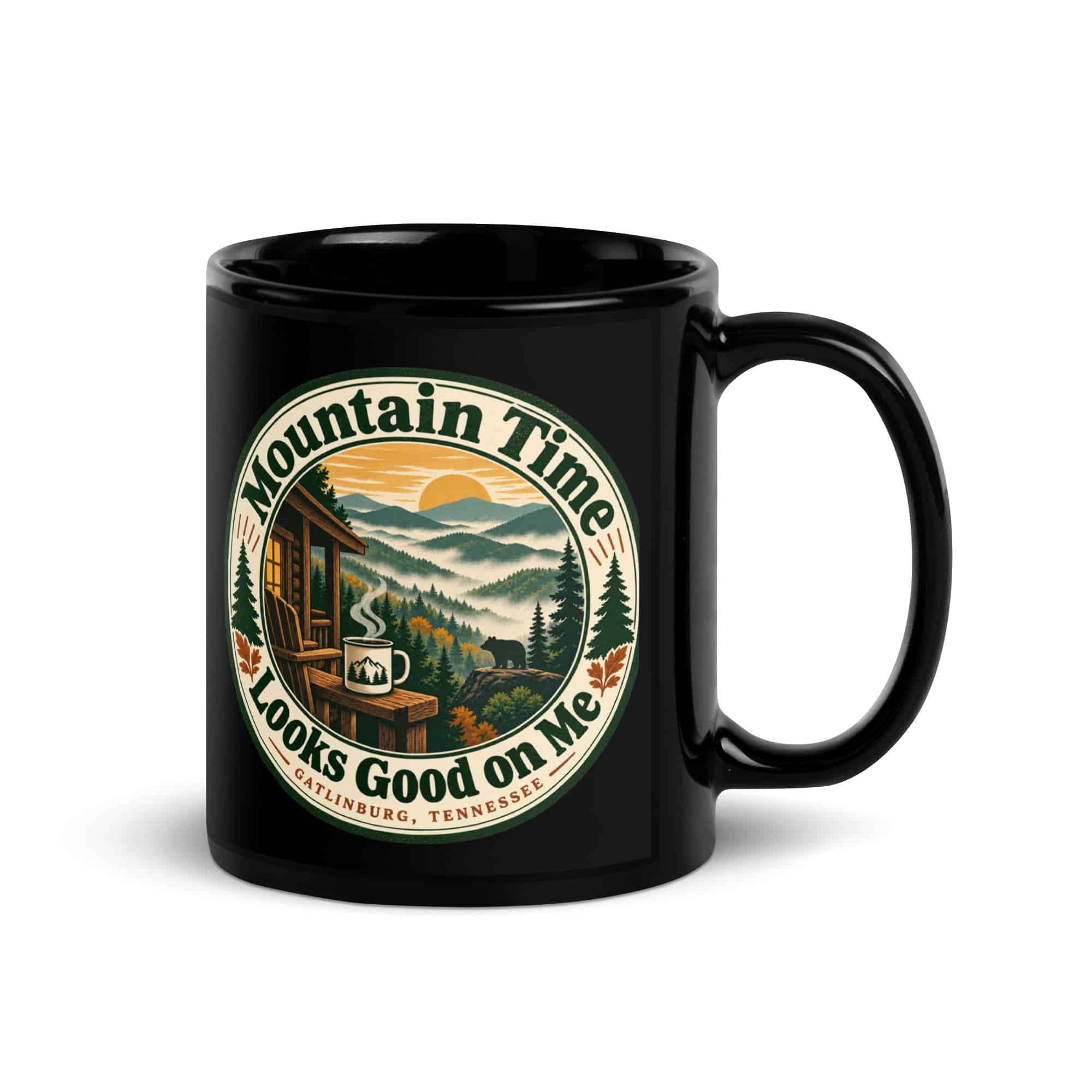 Gatlinburg and the Smokies Black Coffee Mug: Mountain Time Looks Good on Me, Vintage Round Badge