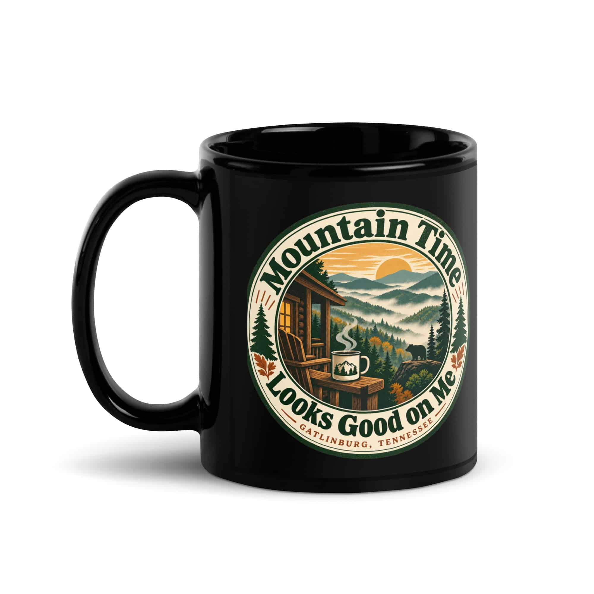 Gatlinburg and the Smokies Black Coffee Mug: Mountain Time Looks Good on Me, Vintage Round Badge