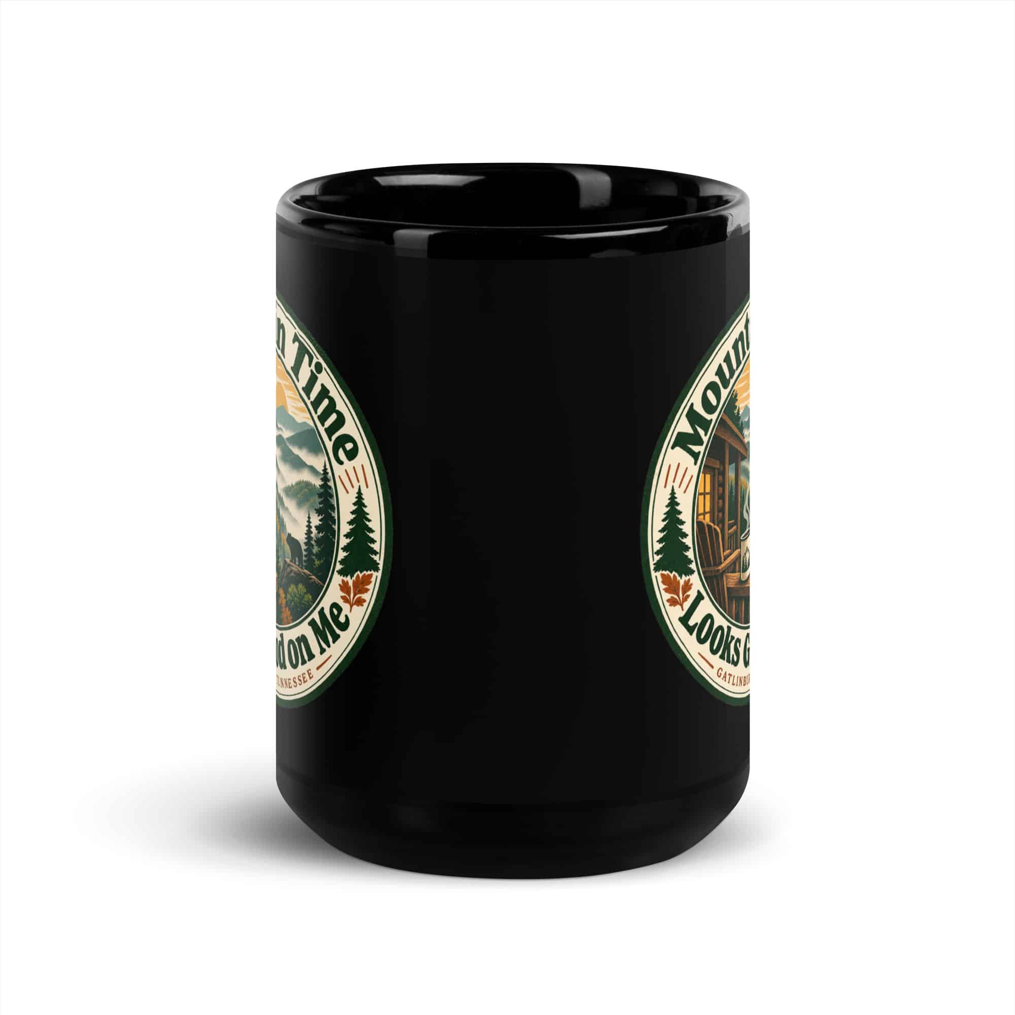 Gatlinburg and the Smokies Black Coffee Mug: Mountain Time Looks Good on Me, Vintage Round Badge