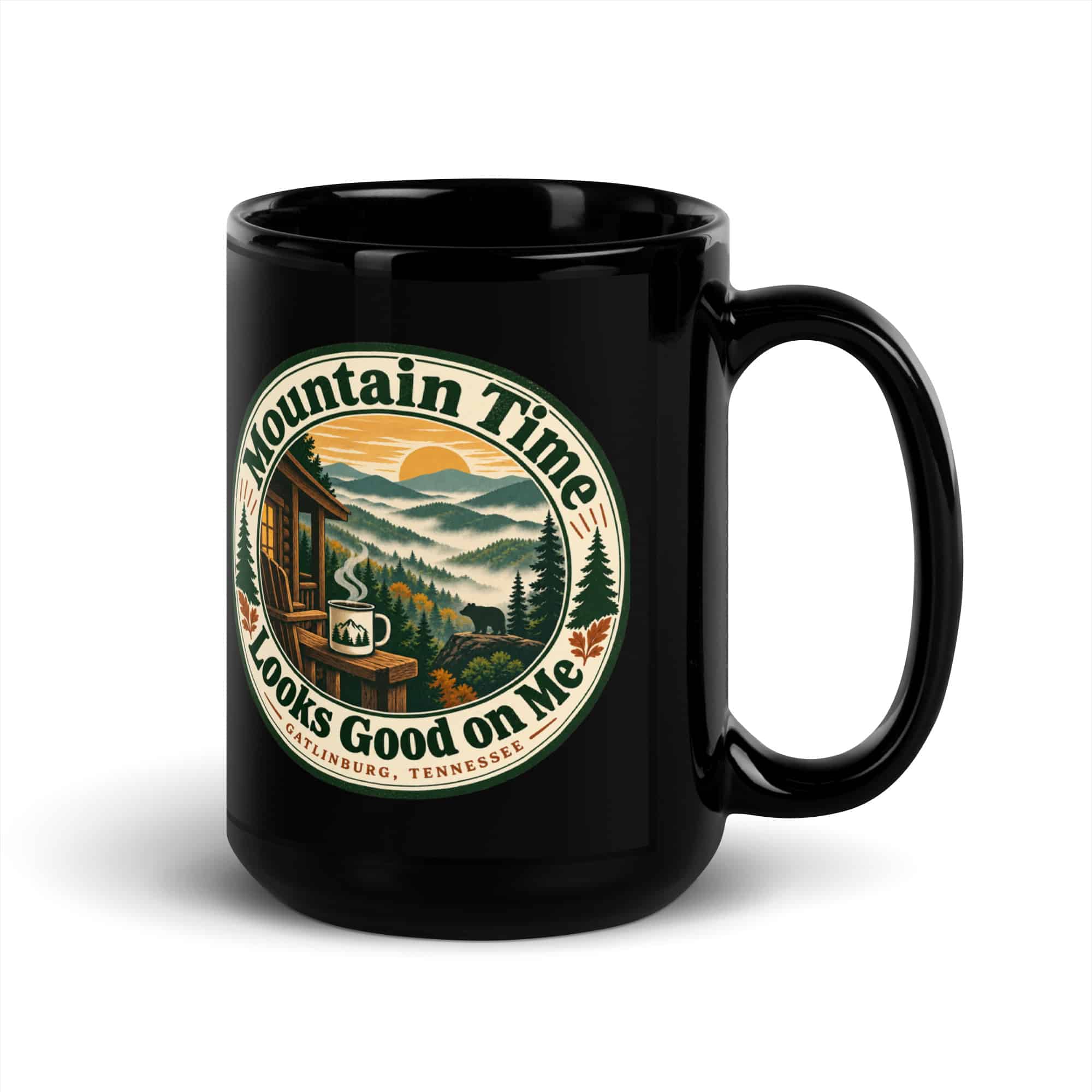 Gatlinburg and the Smokies Black Coffee Mug: Mountain Time Looks Good on Me, Vintage Round Badge