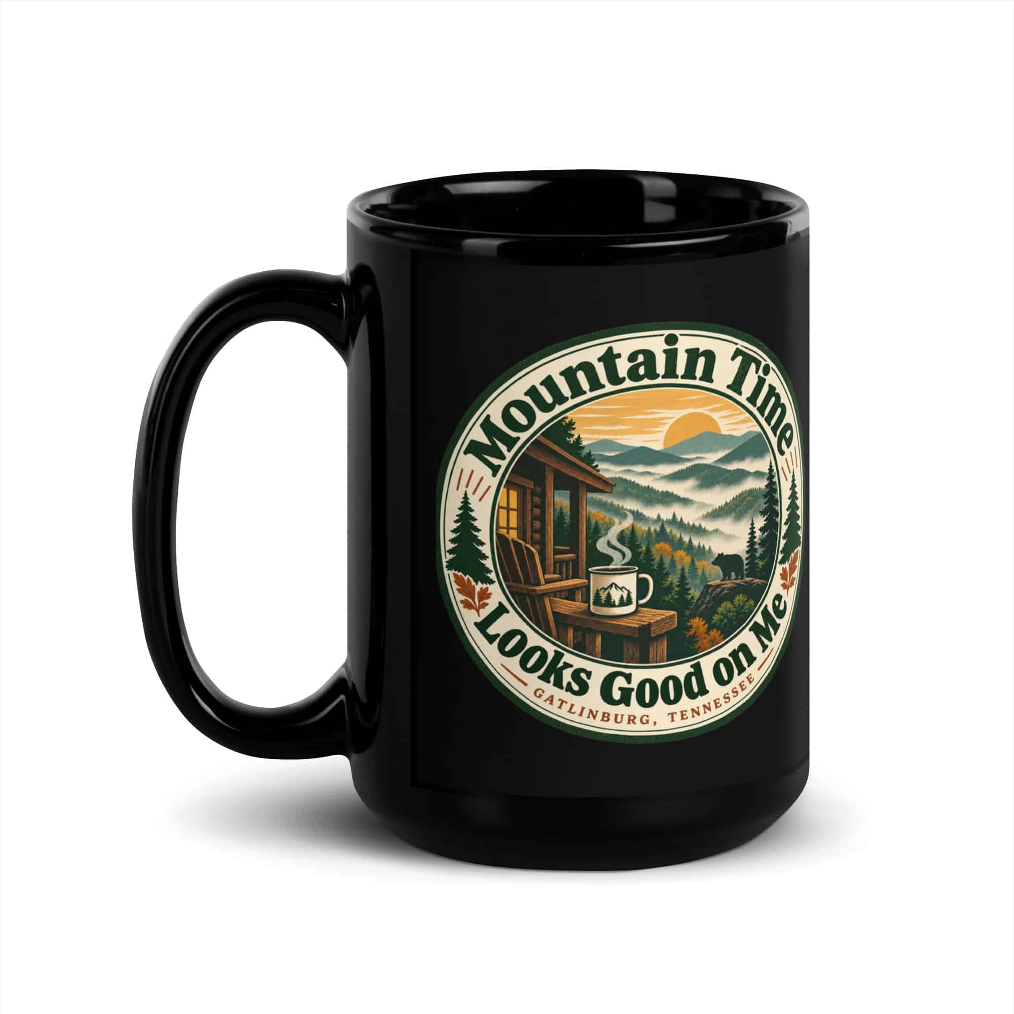 Gatlinburg and the Smokies Black Coffee Mug: Mountain Time Looks Good on Me, Vintage Round Badge