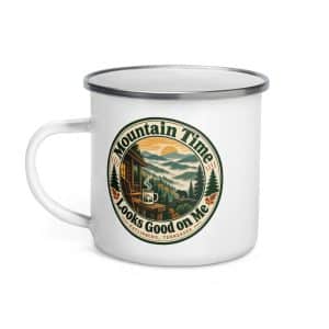 Gatlinburg and the Smokies Enamel Camp Mug: Mountain Time Looks Good on Me, Vintage Round Badge - 12 oz - Left