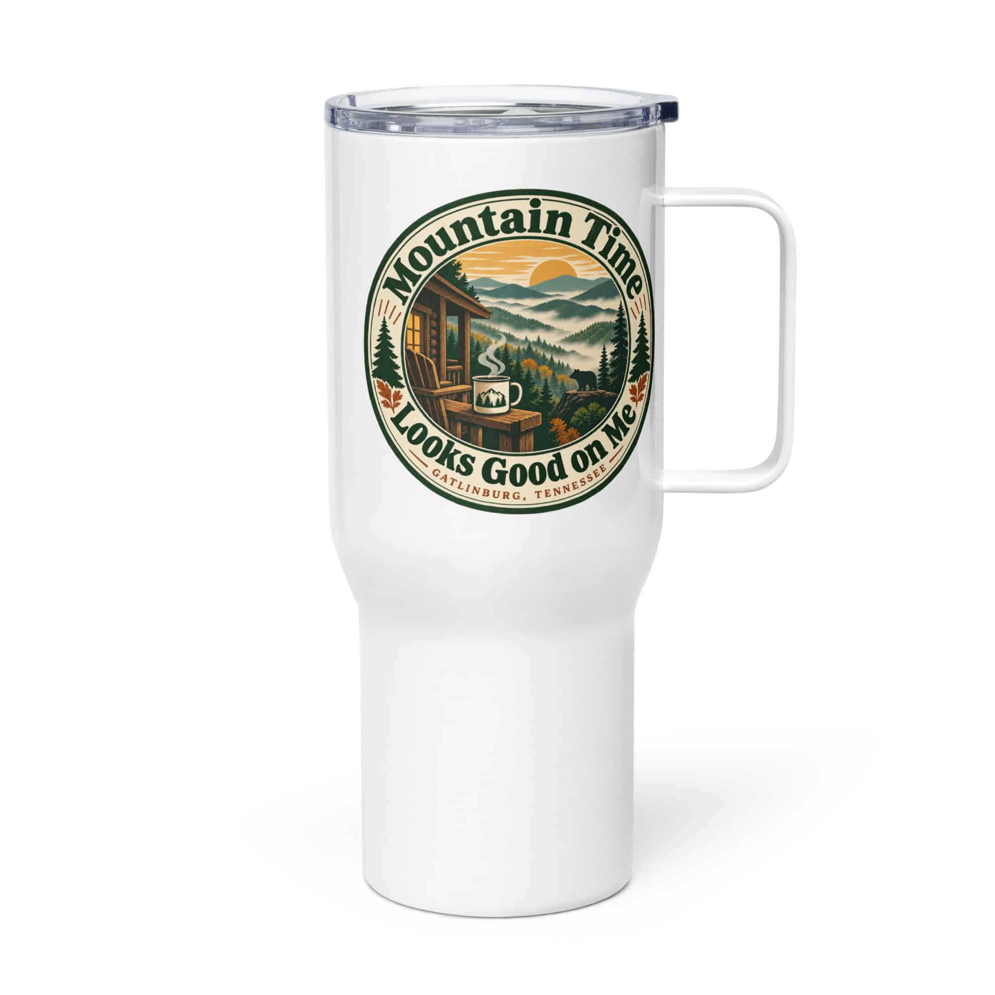 Gatlinburg and the Smokies Travel Mug: Mountain Time Looks Good on Me, Vintage Round Badge