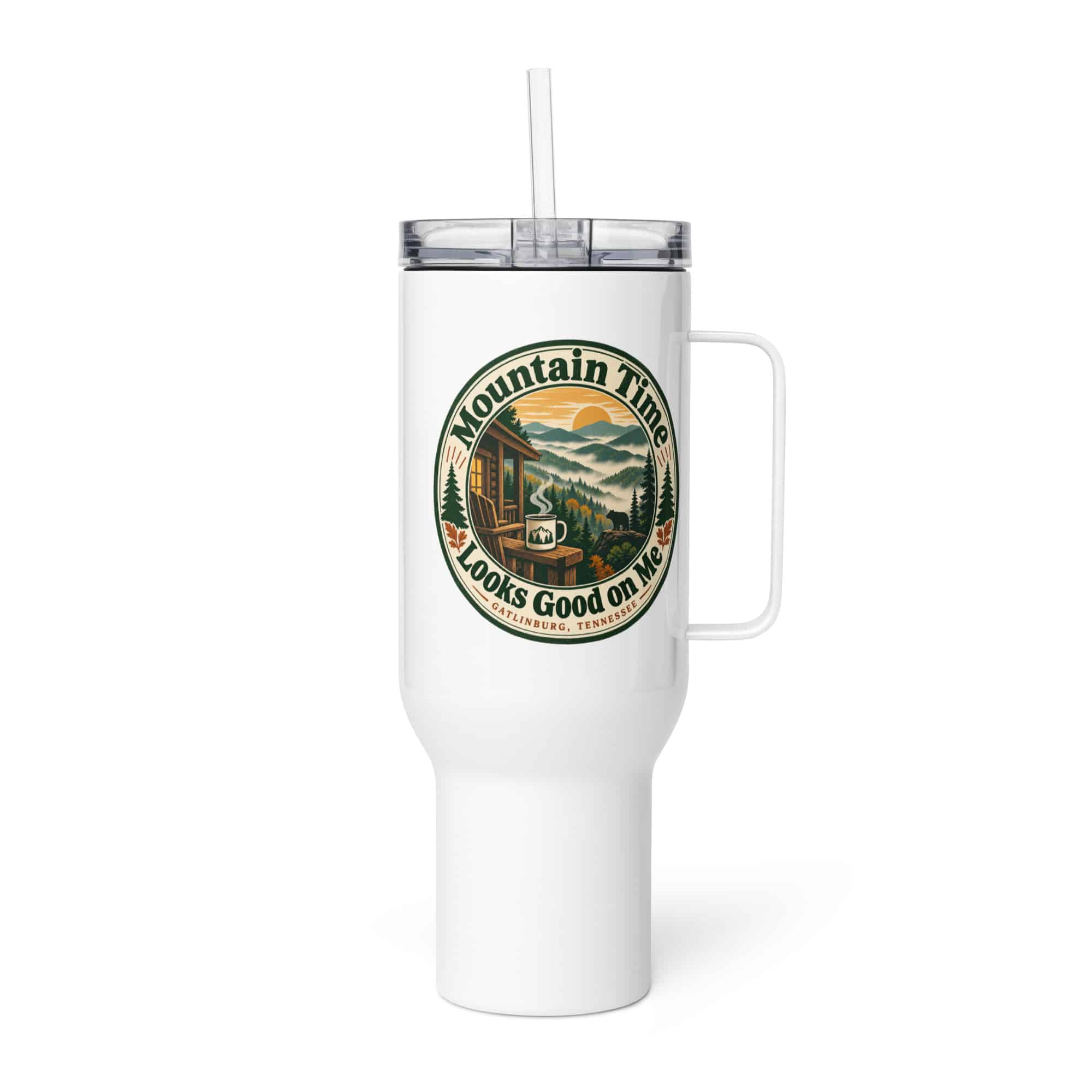 Gatlinburg and the Smokies Travel Mug: Mountain Time Looks Good on Me, Vintage Round Badge